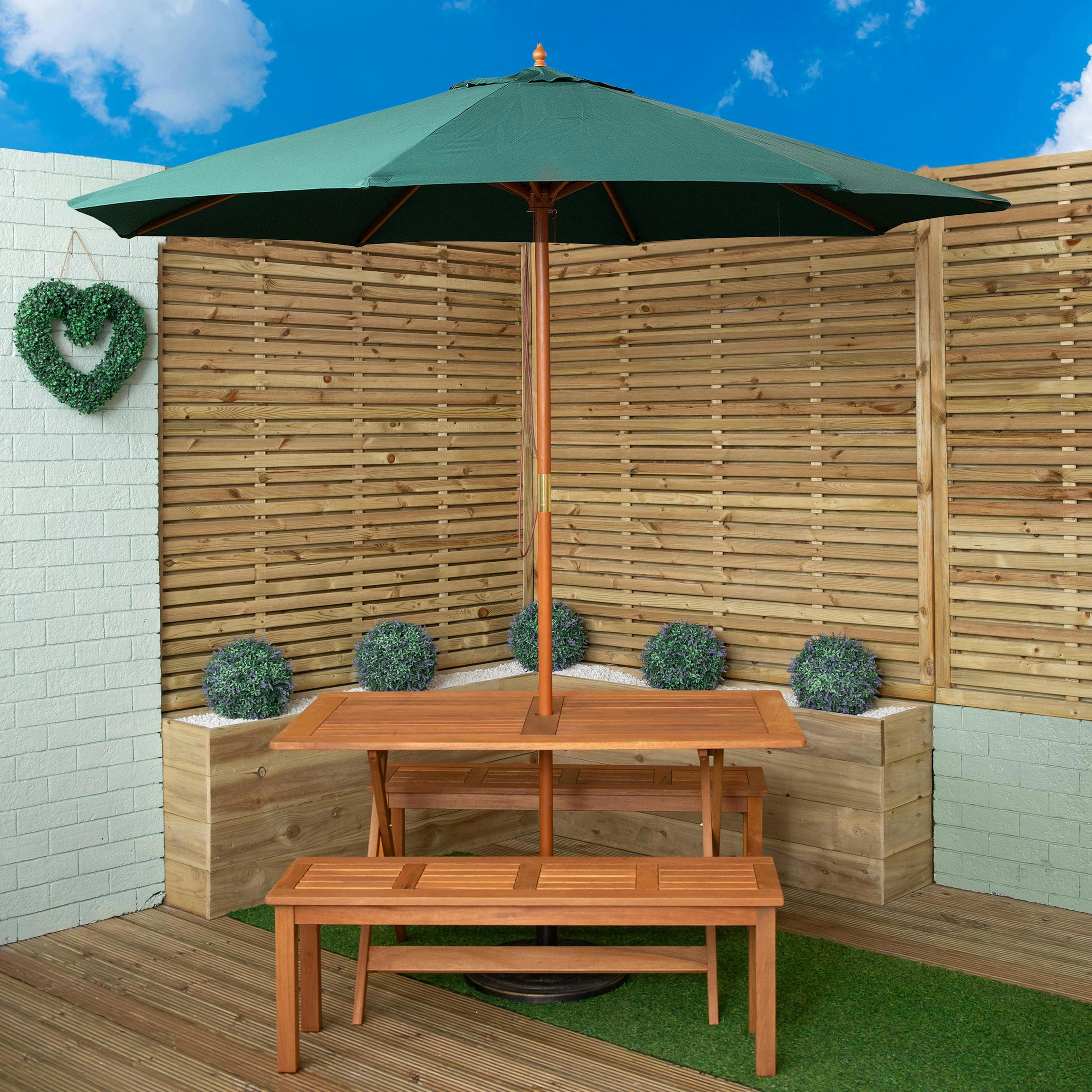 Rackhams Green Outdoor 4 Person Rectangular Wooden Garden Dining Table, 2 Benches With Parasol And Base Set - Outdoor Furniture Sets