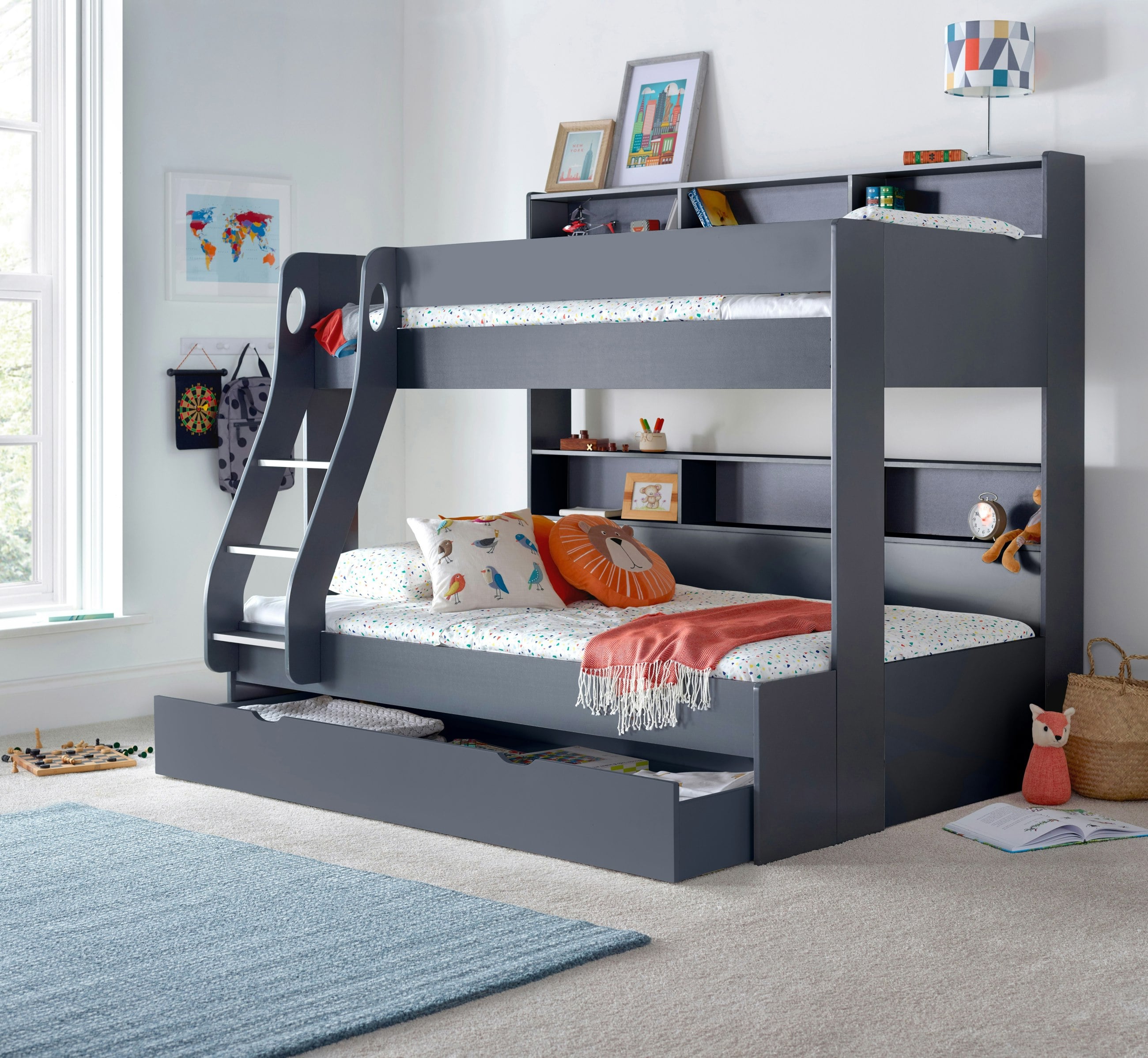 Bedmaster Onyx/Grey Oliver Triple Sleeper Storage Bunk Bed With Drawer And Mattress Options - Single / Small Double Bunk (No Drawer) With Memory Mattresses