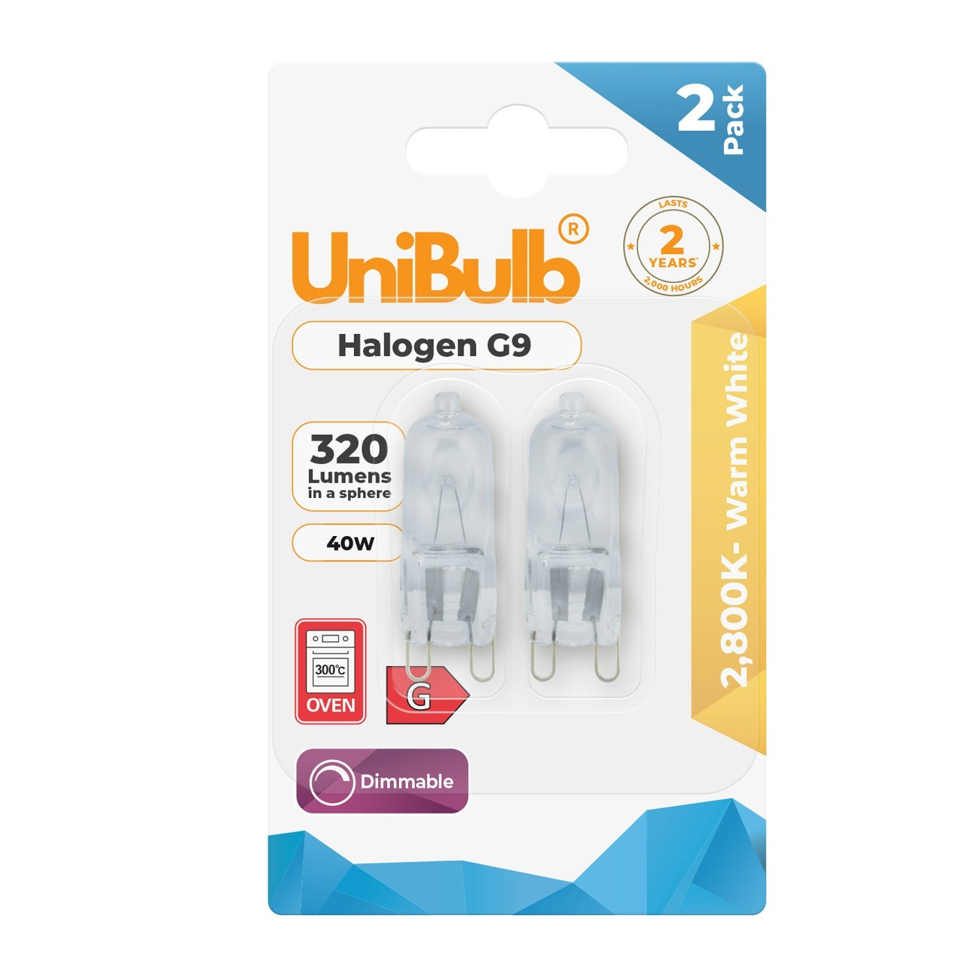 Unibulb White/Light Halogen G9 Capsule 320Lm 40W 2800K (Warm ) Bulb - Pack Of 2