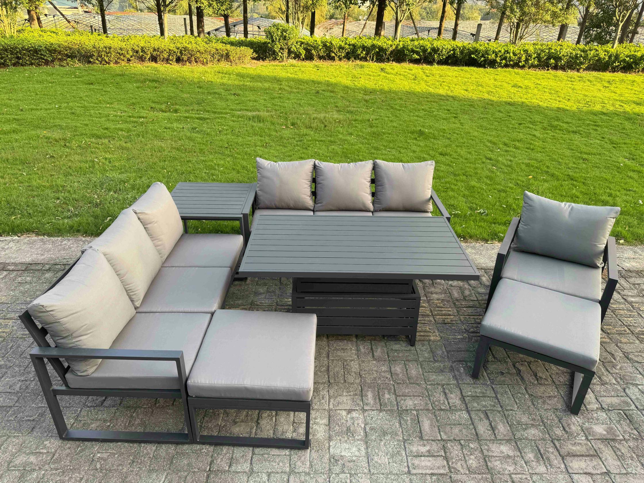 Fimous Dark/Grey 9 Seater Aluminium Garden Furniture Set With Adjustable Rising Dining Table, 2 Footstools, Side Table