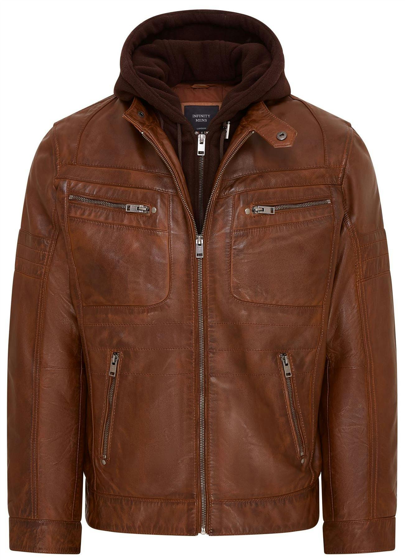 Infinity Leather Men's Hooded Leather Biker Jacket - Stavern - Tan - Uk 3XL | Eu 56 | Us 46