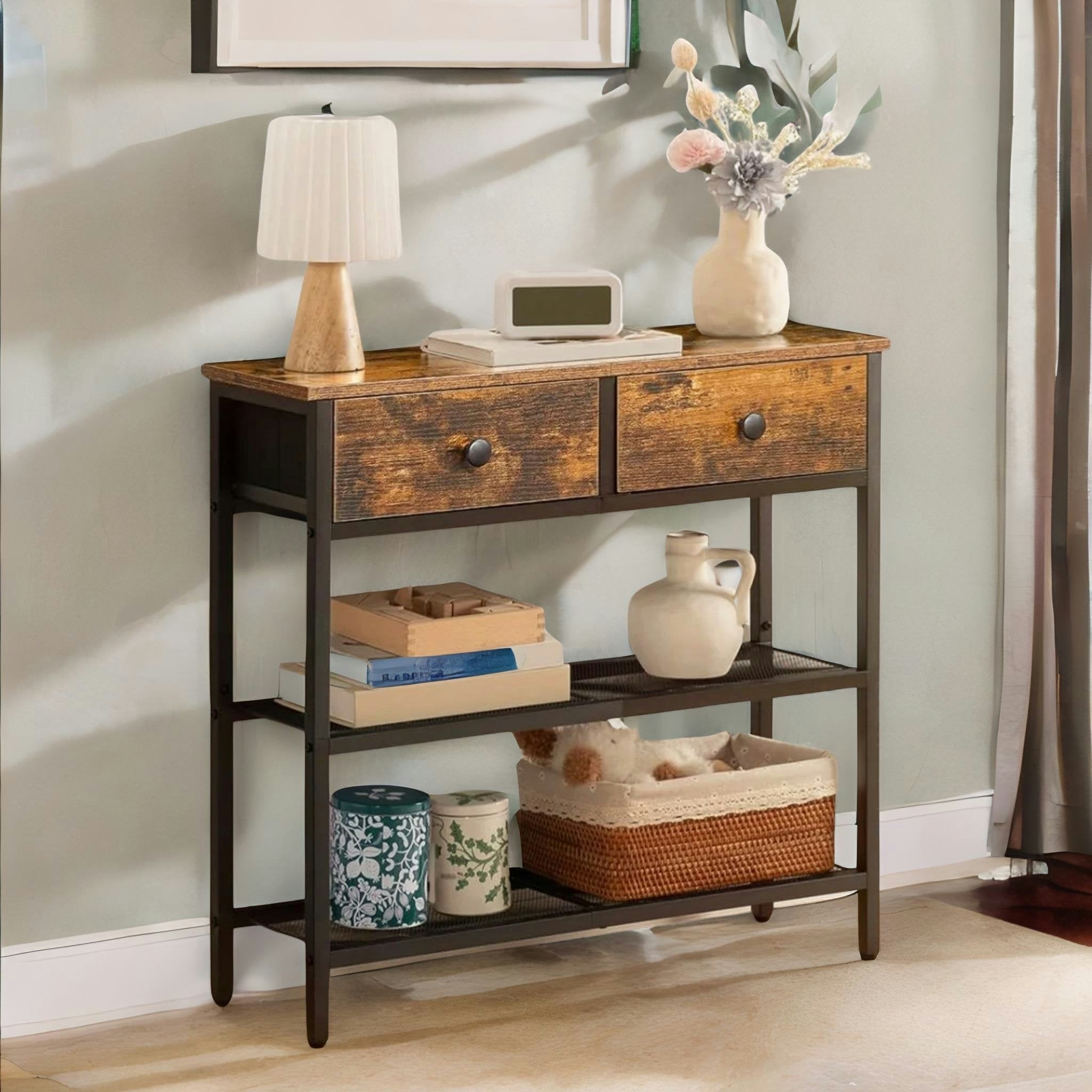 Rackhams Brown Industrial Hallway Console Table With 2 Drawers