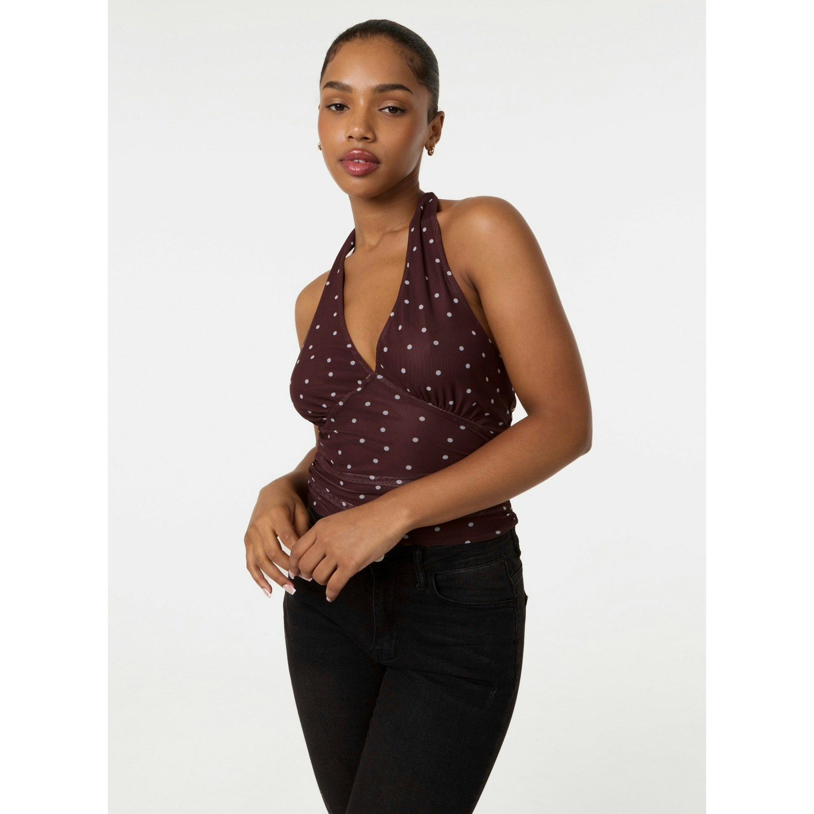 Pink Vanilla Pink/Brown Vanilla Polka Dot Ruched Side Halter Top - L