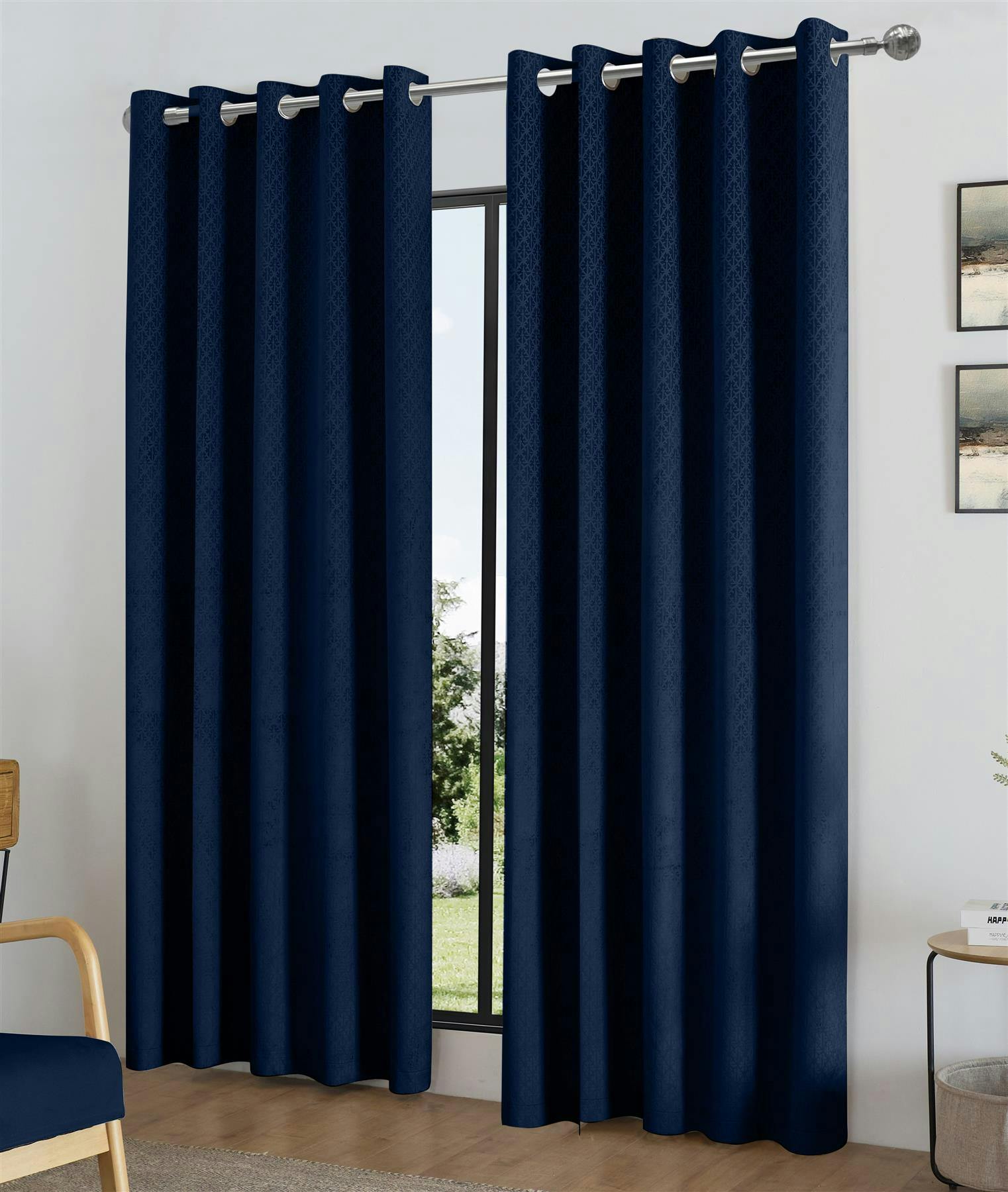 Rackhams Black/Light Temple Velvet Ring Top Out Curtains - Navy - 117Cm Width X 229Cm Drop