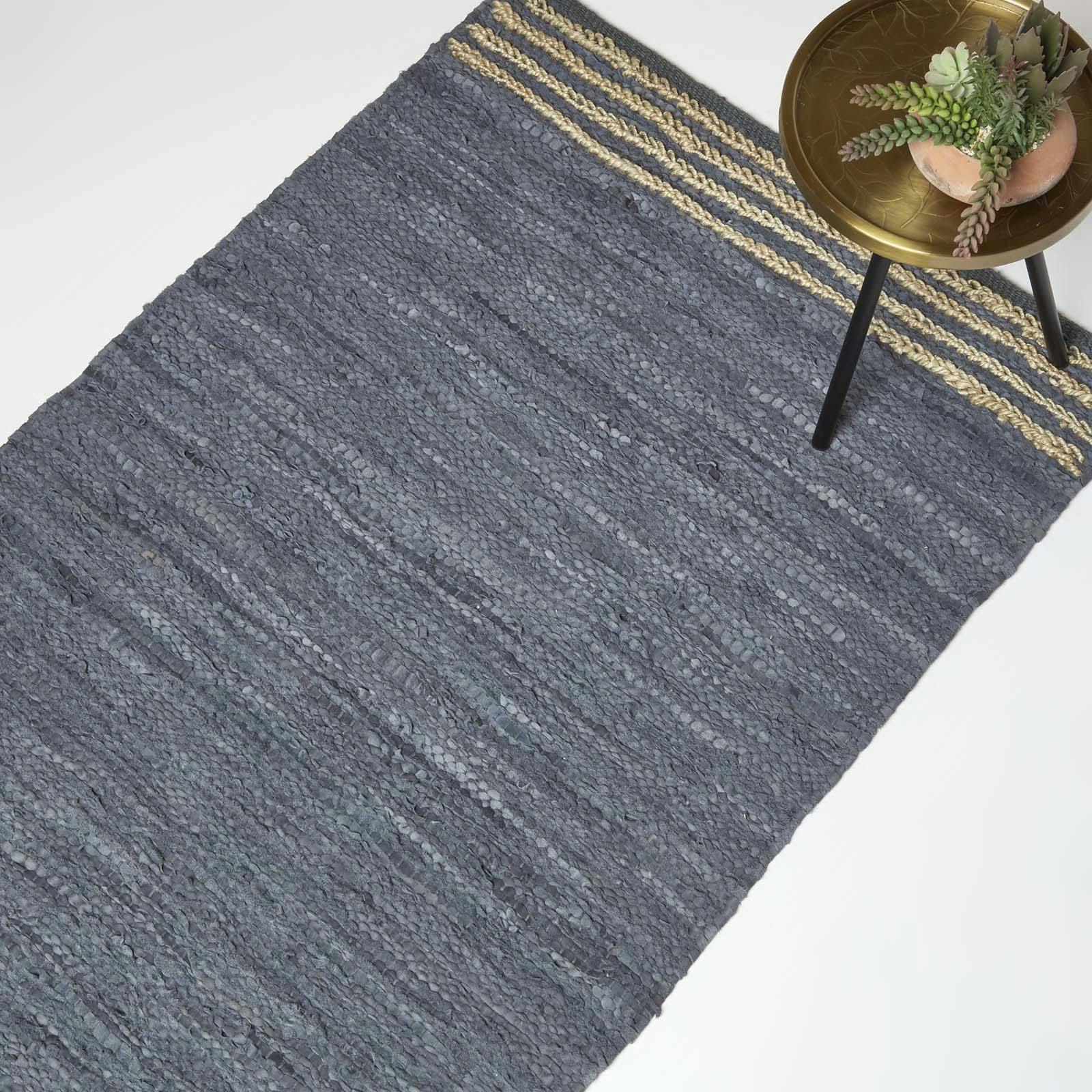 Homescapes Grey Recycled Leather Handwoven Stripe Rug - 120 X 170 Cm