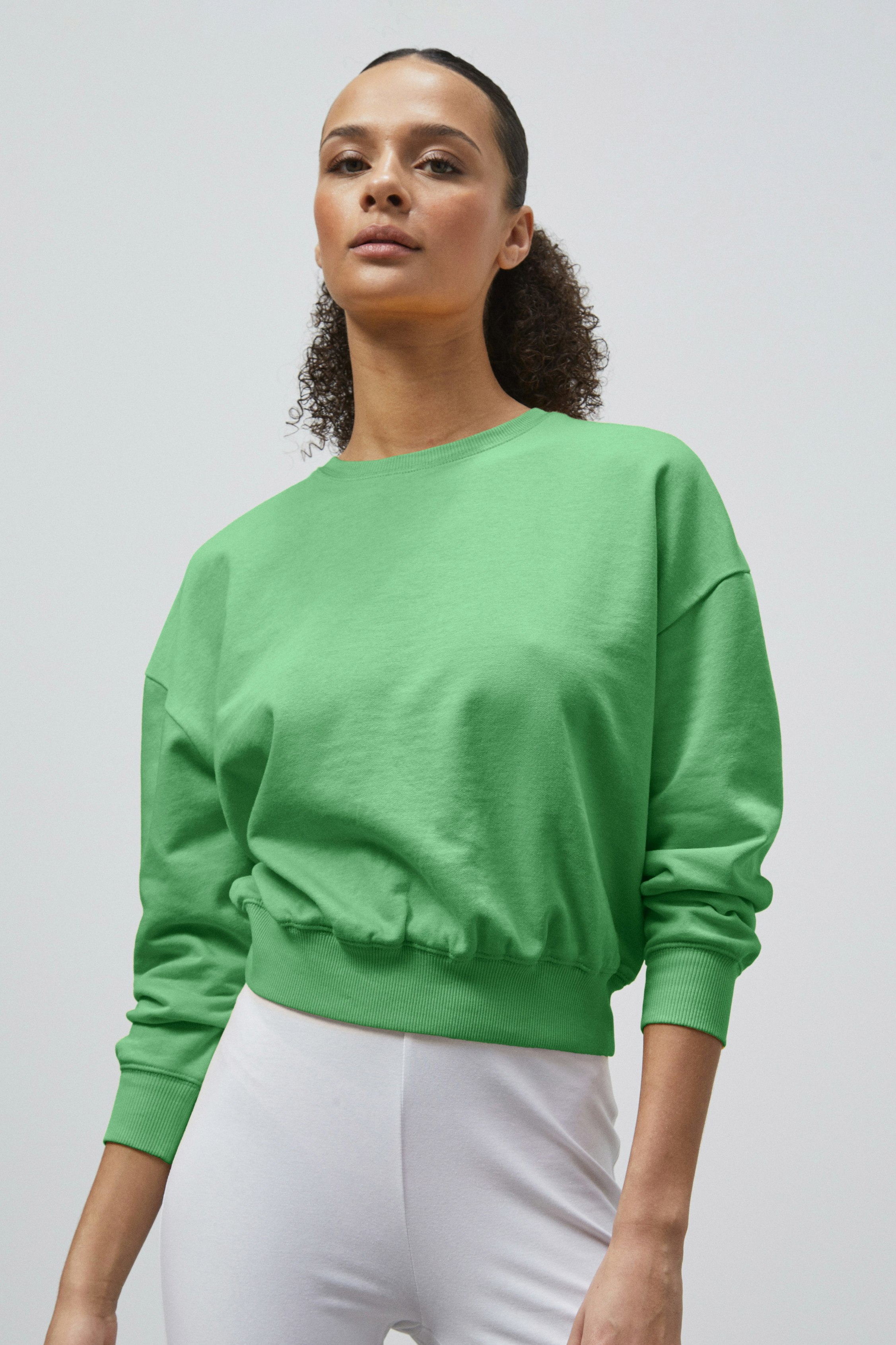 Enorsia Green Ribbed Hem Cropped Sweatshirt - 12 - 77% Cotton, 23% Polyester