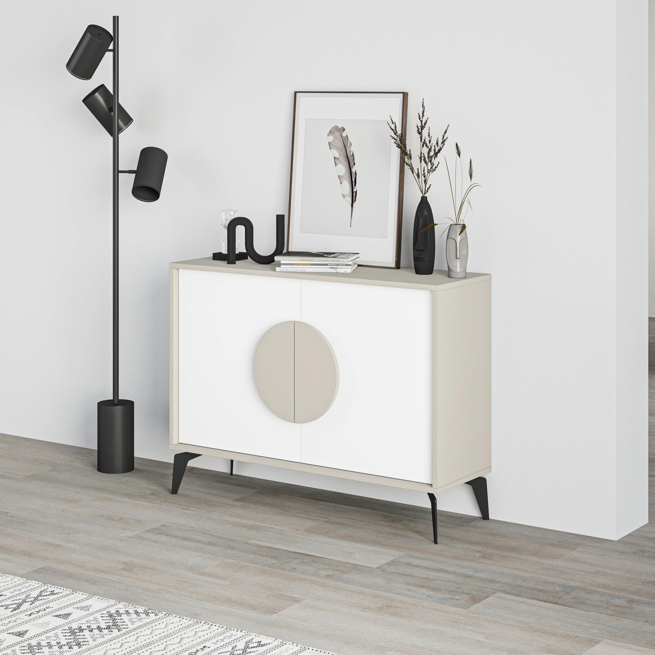 Rackhams Gora Sideboard Modern Storage Cabinet With 2 Pull-Open Doors Metal Legs 110Cm Width - Sandstone