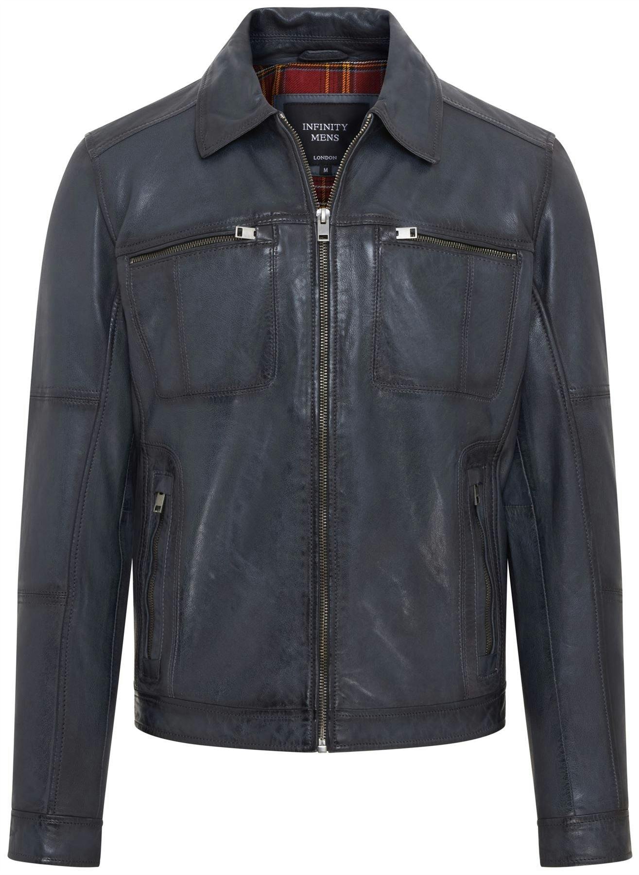 Infinity Leather Men's Classic Leather Biker Jacket - Bettles - Navy - Uk 2XL | Eu 54 | Us 44