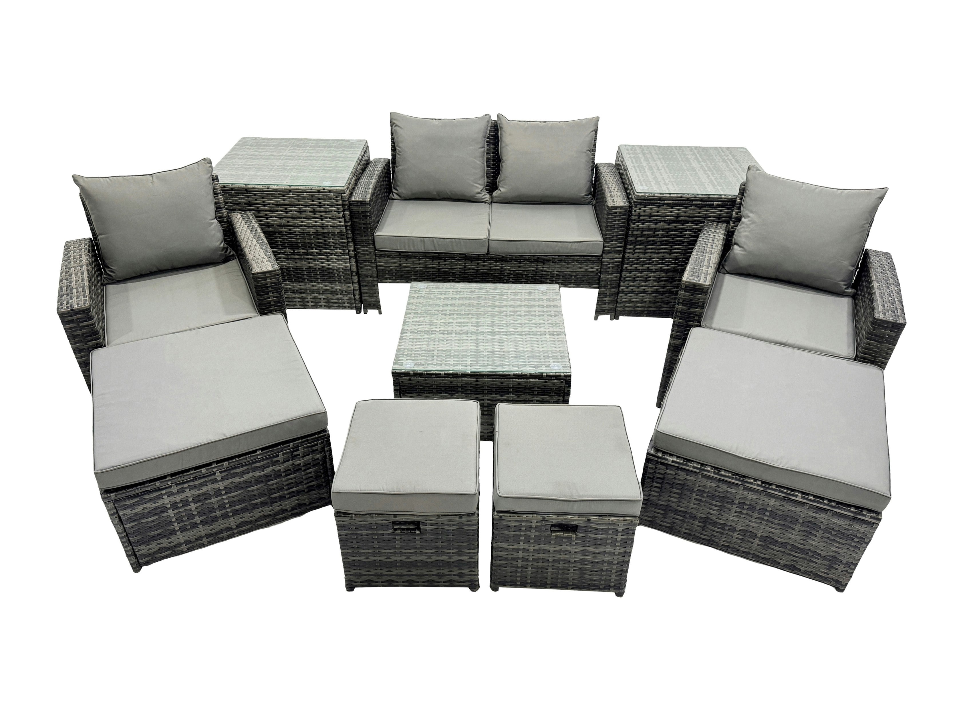 Fimous Dark/Grey 8 Seater Rattan Garden Furniture Set With Sofa, Coffee Table, 2 Chairs, 2 Side Tables & 4 Footstools