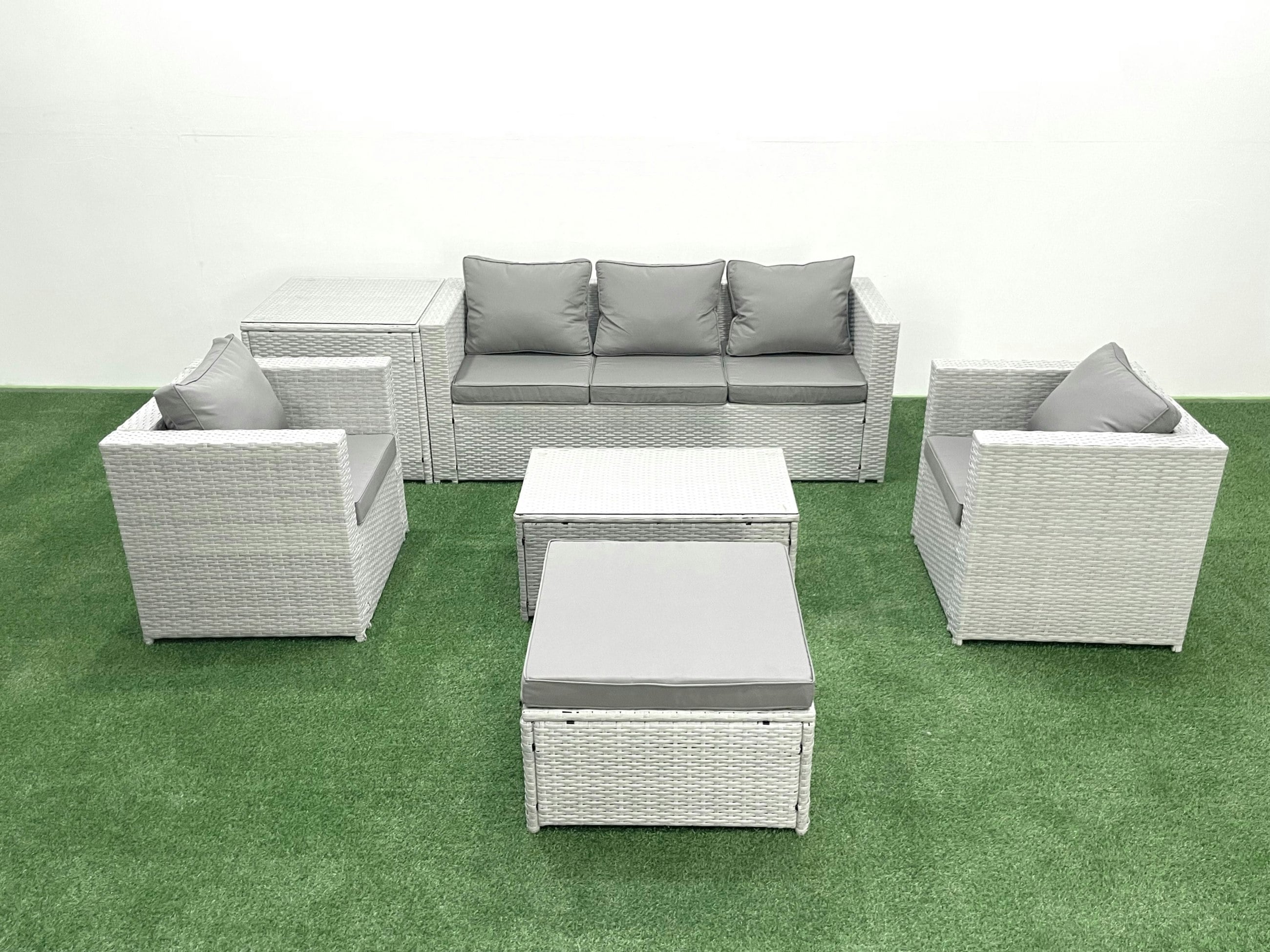 Rackhams Light/Grey Rattan Garden Furniture Set With 3 Seater Sofa 2 Chair Rectangular Coffee Table Big Footstool Side Table Mixed 6 Seater