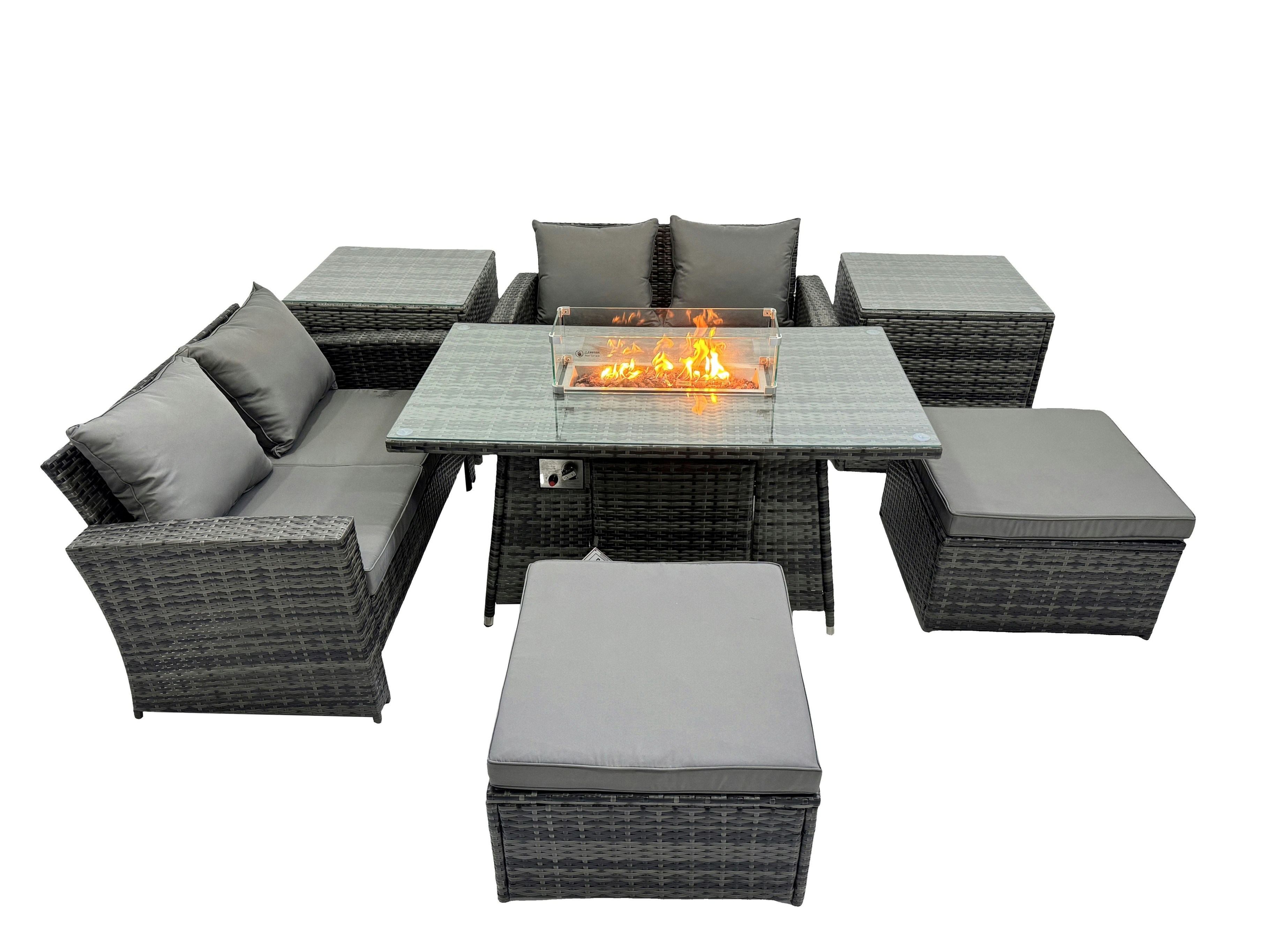 Rackhams Dark/Grey Outdoor Love Sofa Set 6 Seat Rattan Garden Furniture Set With Gas Firpit Dining Table 2 Big Footstools 2 Side Table Mixed