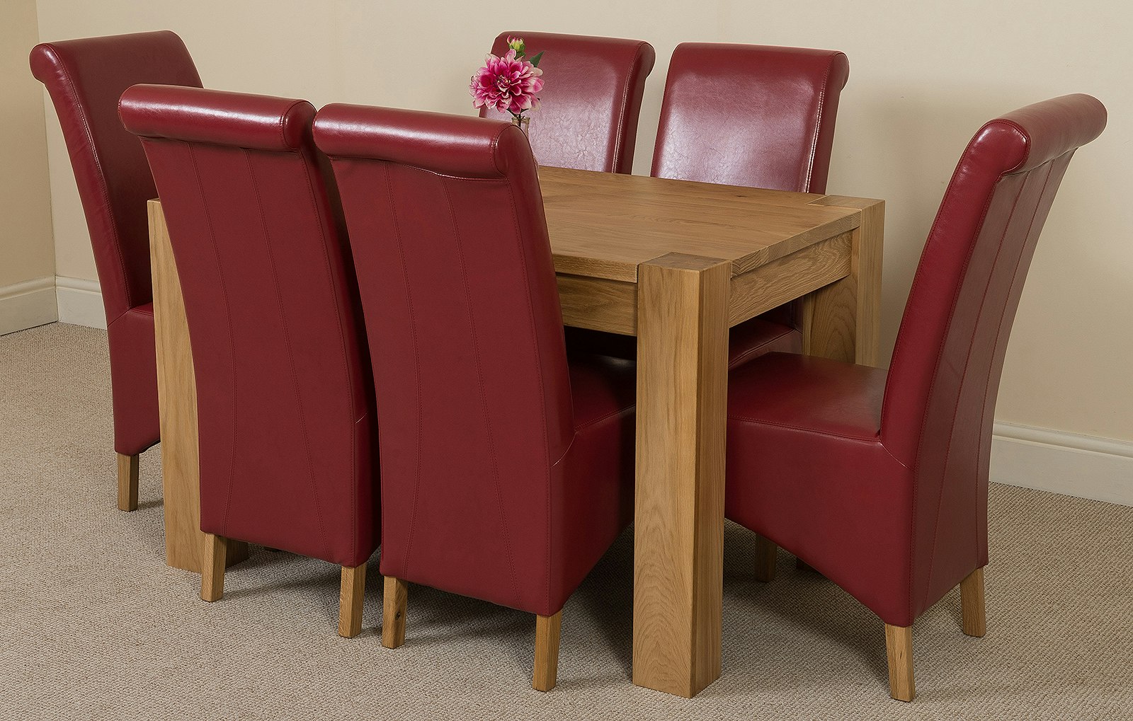 That's Furniture Burgundy Kuba Oak Dining Table With Montana Leather Chairs - 6 Chairs Small