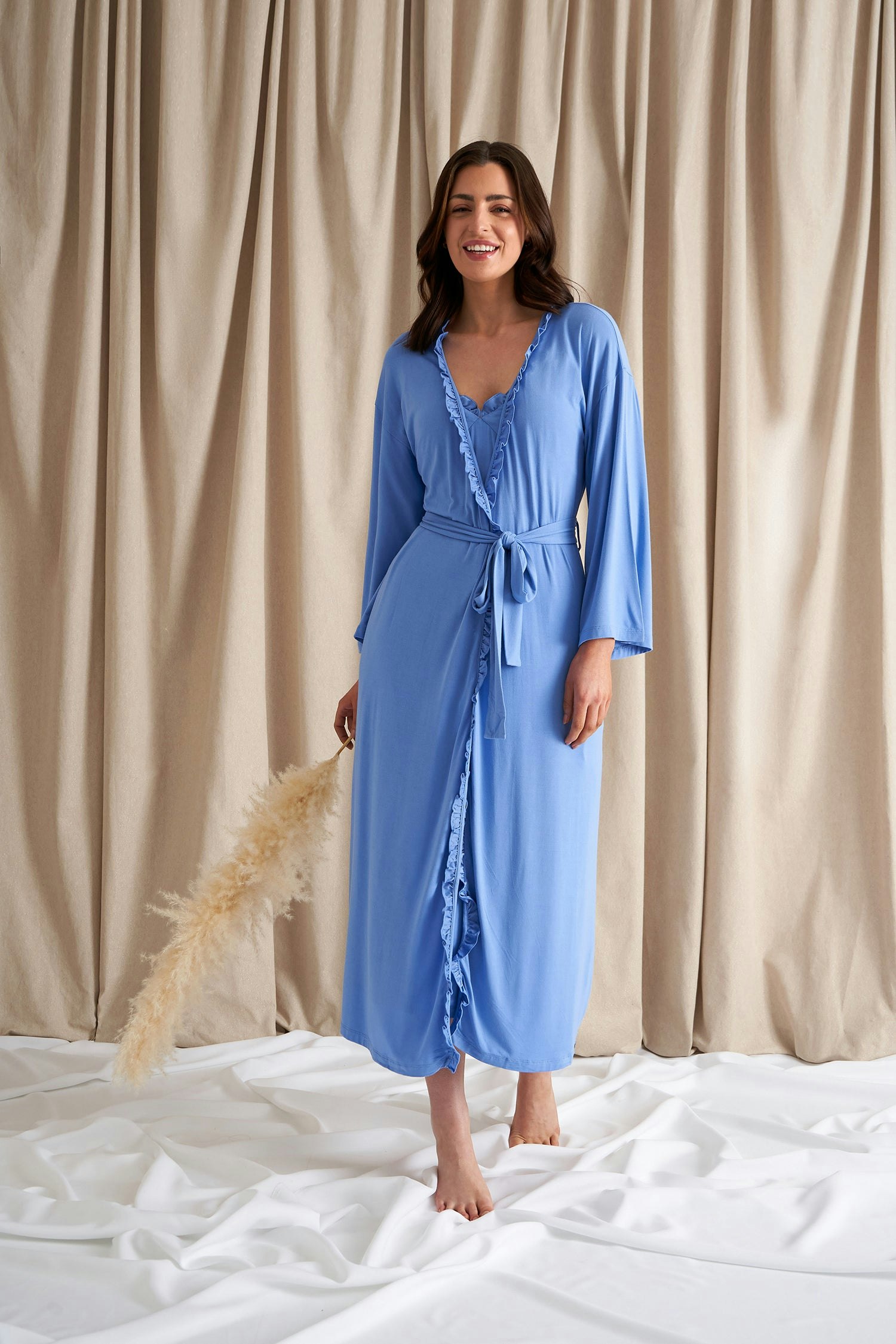 Pretty You London Women's Blue Bamboo Frill Kimono Robe Dressing Gown In Cornflower - S/M - Cornflower
