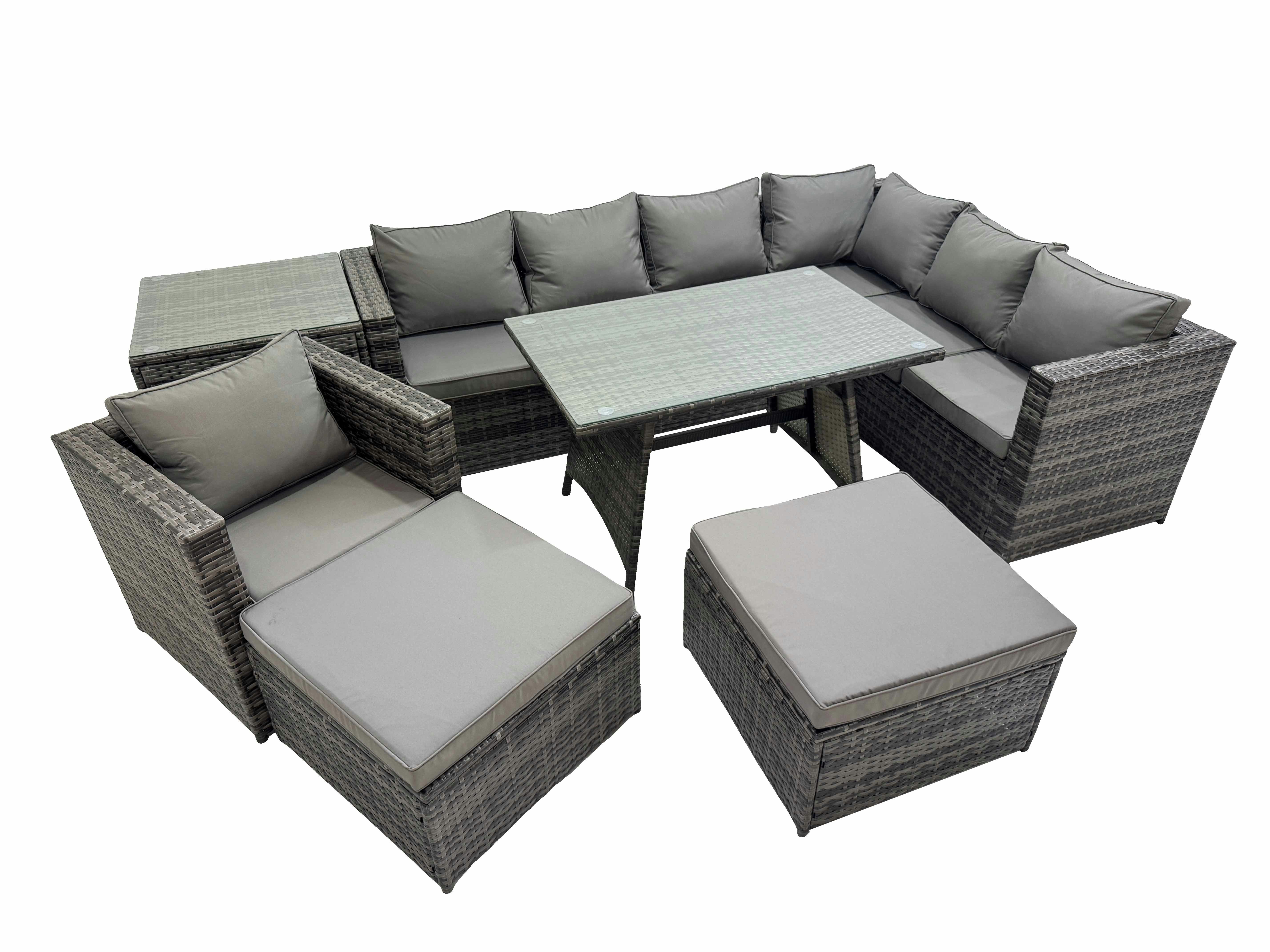 Fimous Dark/Grey Rattan Garden Furniture Patio Furniture Sets With Dining Table Chair 2 Big Stools Side Table Mixed