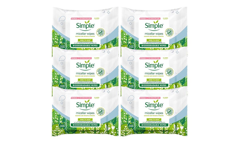 Simple Biodegradable Micellar Wipes With Glycerin & Pro-Vitamin B5, - 6 Pack
