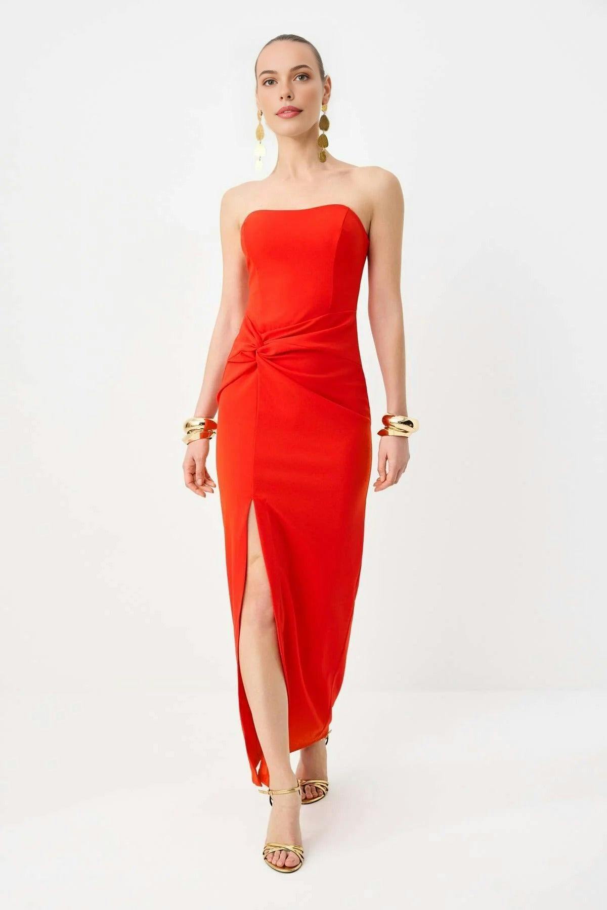 Wovcor Red Strapless Corseted Long Evening Dress - 6