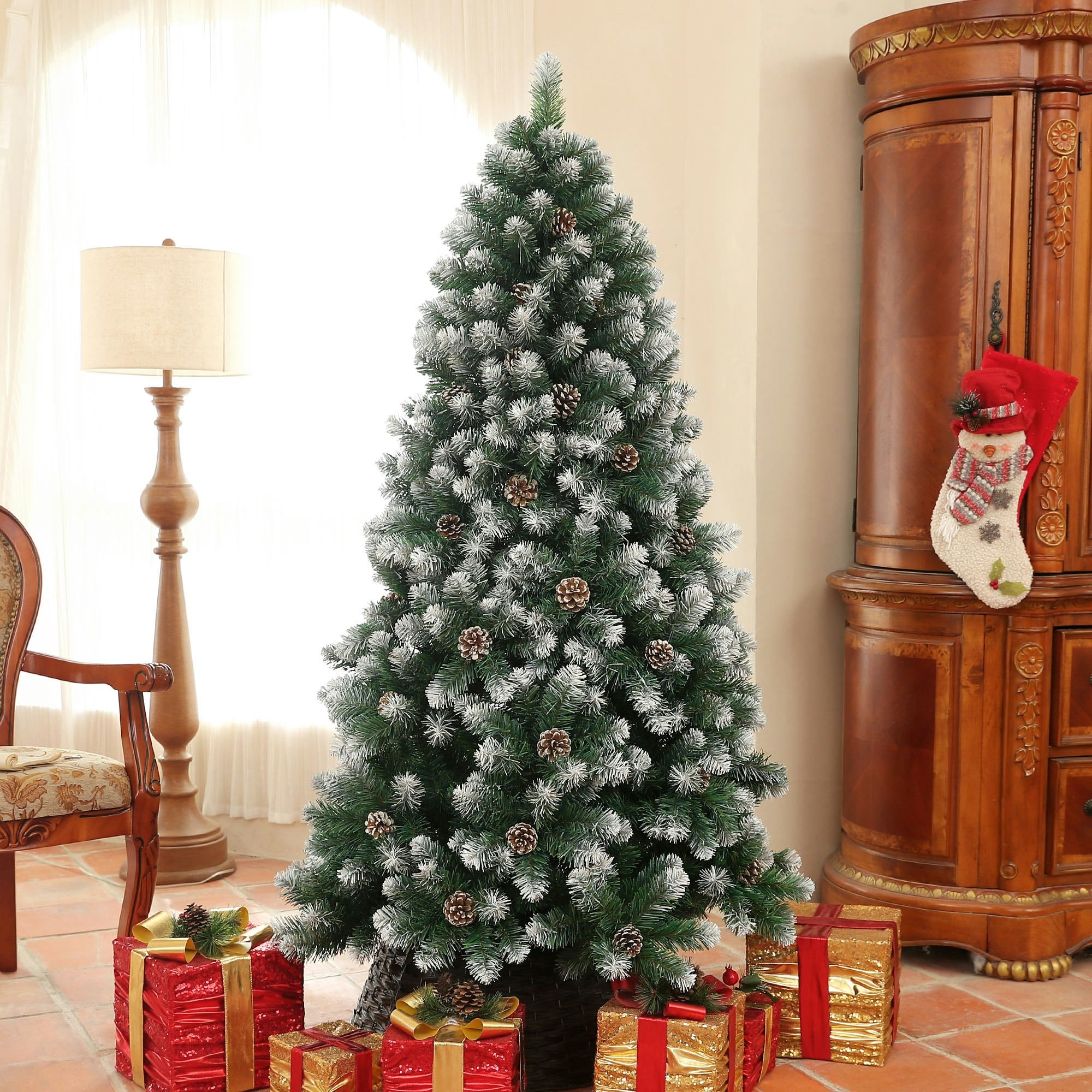 Rackhams White 5Ft Artificial Pine Christmas Tree With Pinecones, Steel Base - 6Ft