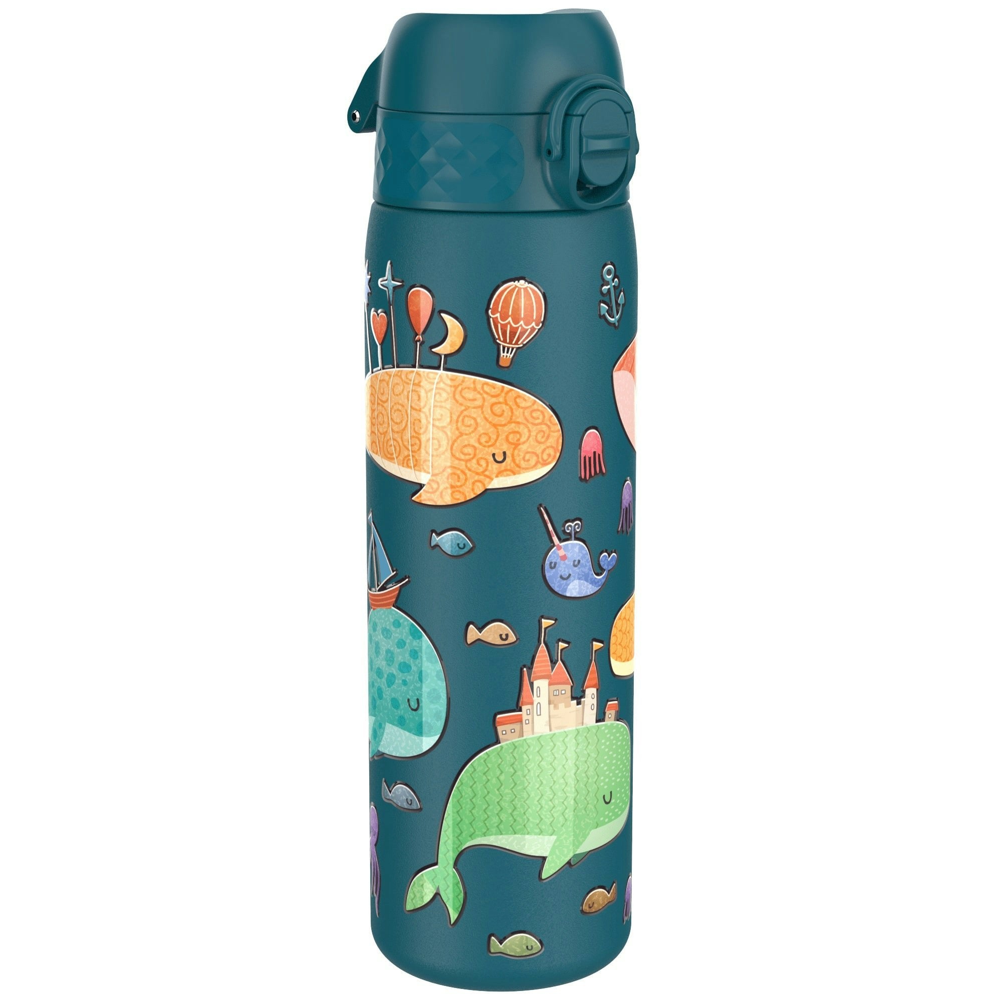 Ion8 Water Bottle, 500ml/18oz, Slim Leak Proof Drinking Bottle, Secure Lock Prevents Spills, Dishwasher Safe, Carry Handle, Ideal for Adults & Kids - Travel & School, Teal, Whales - Image 3
