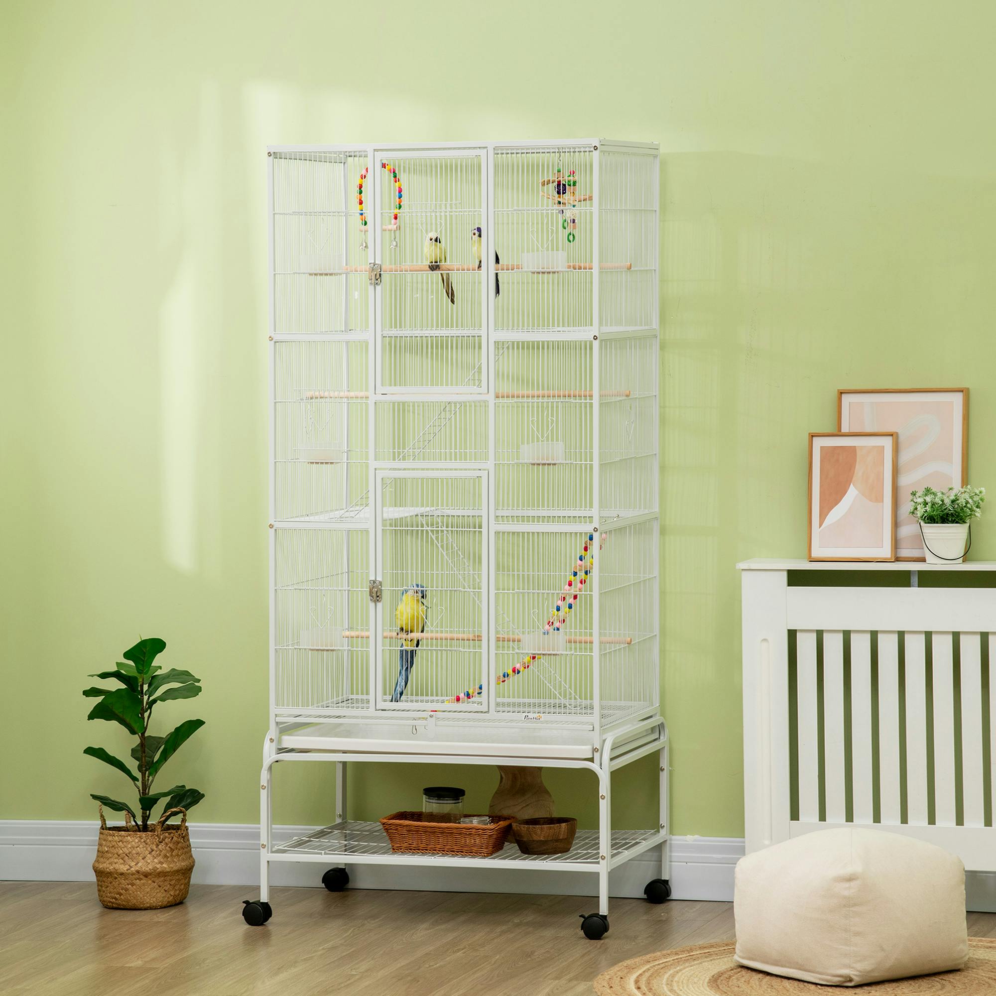 PAWHUT Budgie Cage with Rolling Stand Toy for Canary Finch Cockatiel Parakeet in White - Image 4