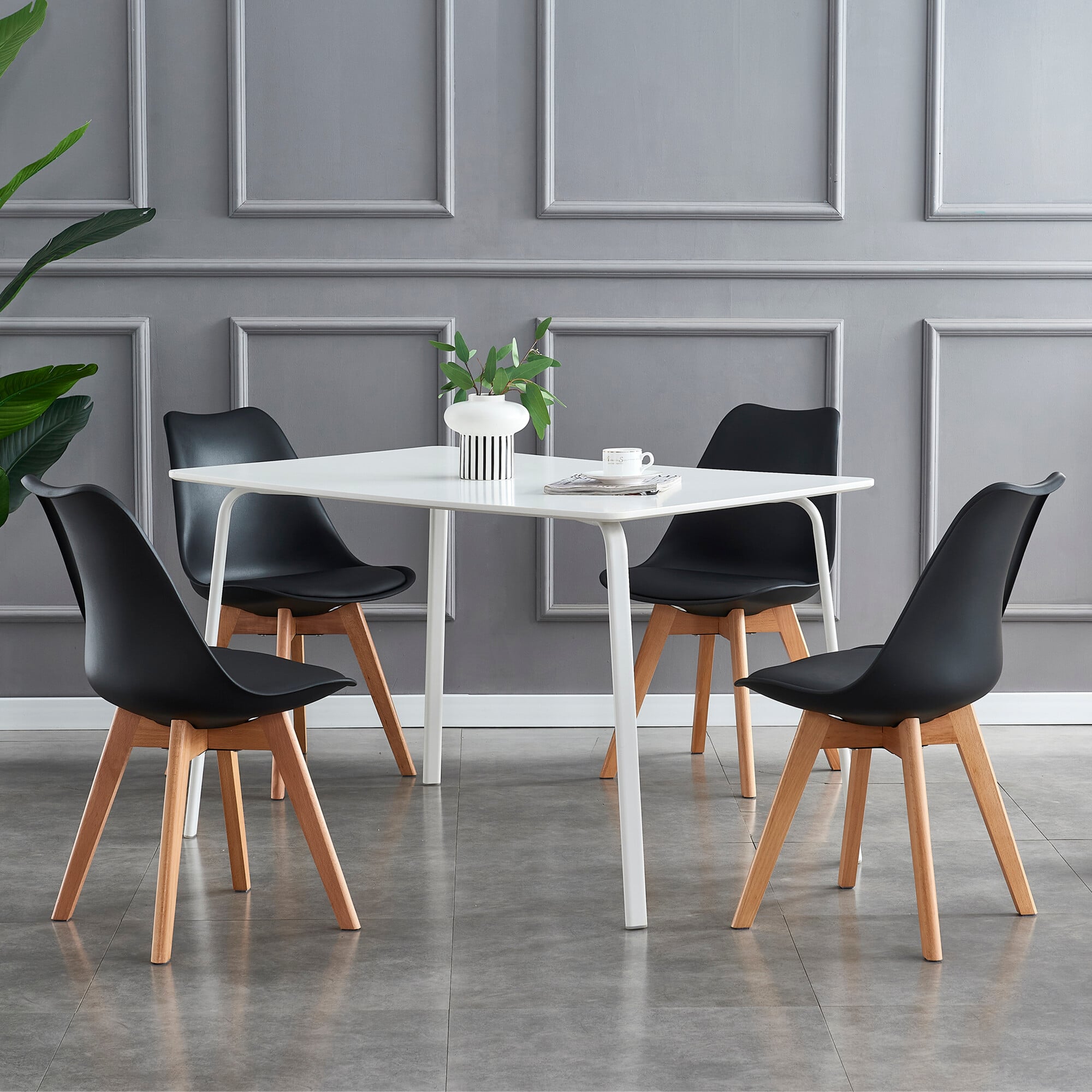 Rackhams Black Set Of 4 Dining Chairs With Solid Wooden Legs And Seat Cushion Pads Eva