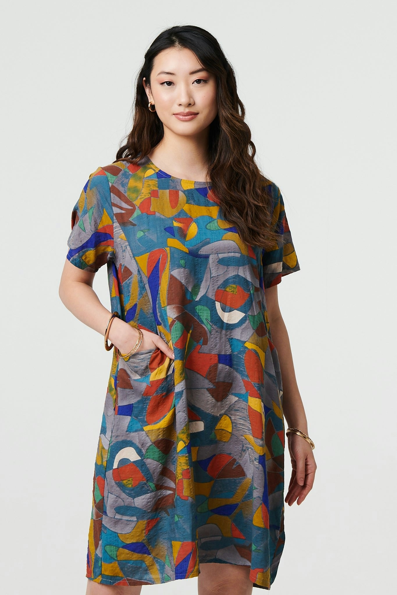 Izabel London Silver Abstract Short Sleeve Short Shift Dress - S