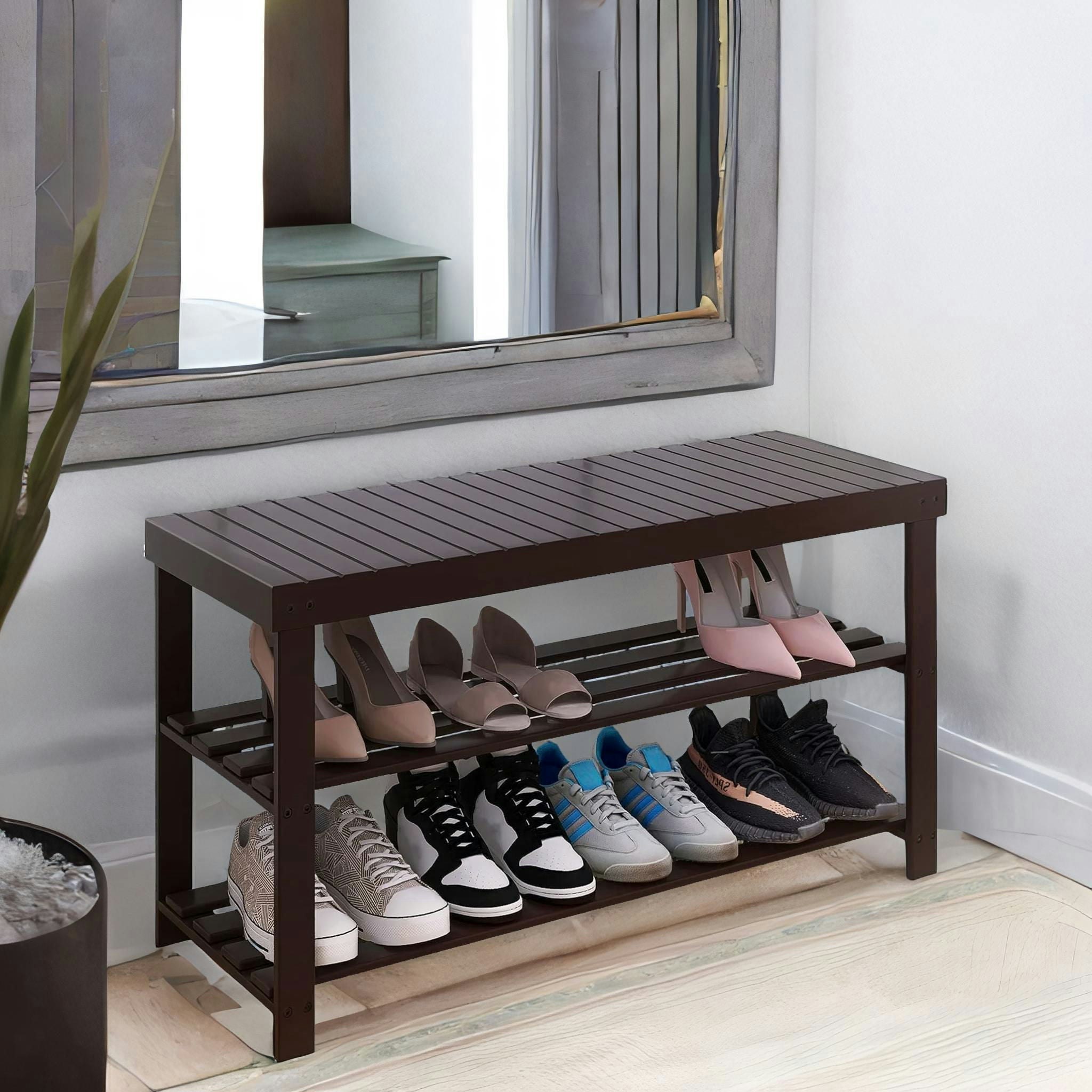 Rackhams Dark/Brown Wooden 3 Tier Shoe Storage Bench For Hallway