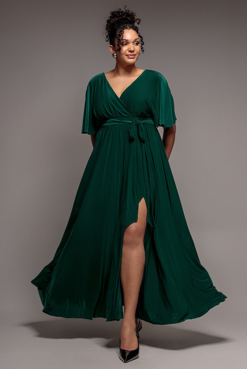 Goddiva Plus Green Wrap Front Maxi With Flutter Sleeves - Botanical By - Botanical - 20