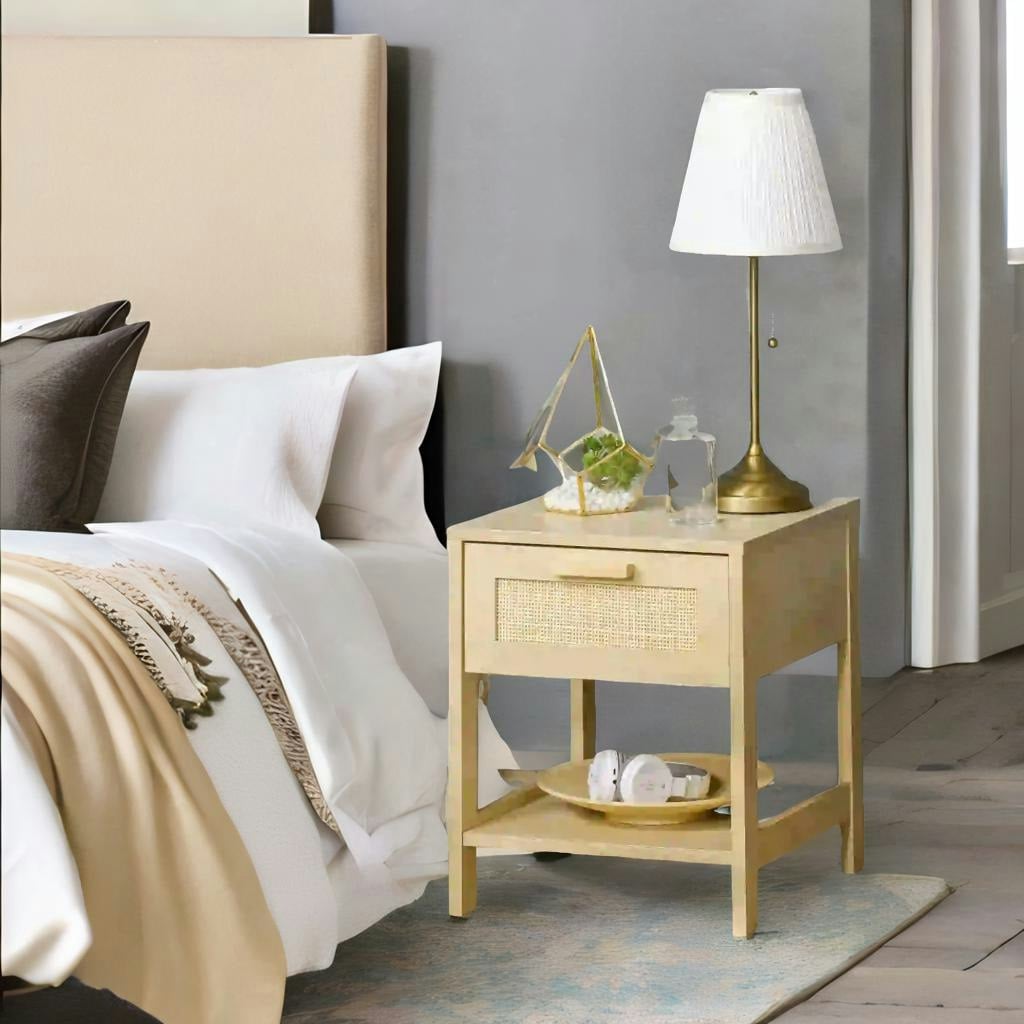 Rackhams Rattan Bedside Table With Drawer And Shelf Natural Wood