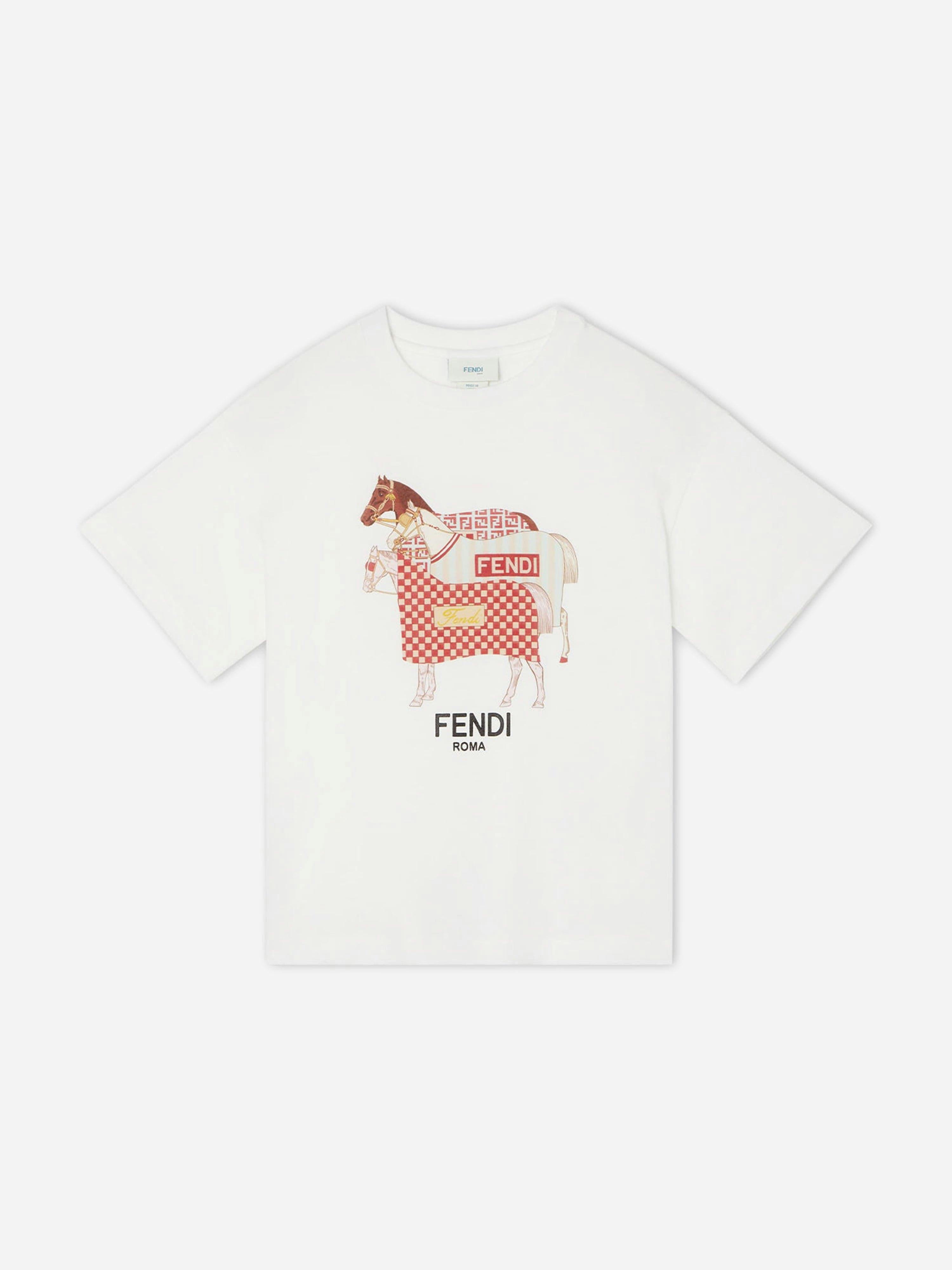 Fendi Kids Boys White Fendi Horse Print T-Shirt In - 4 Yrs