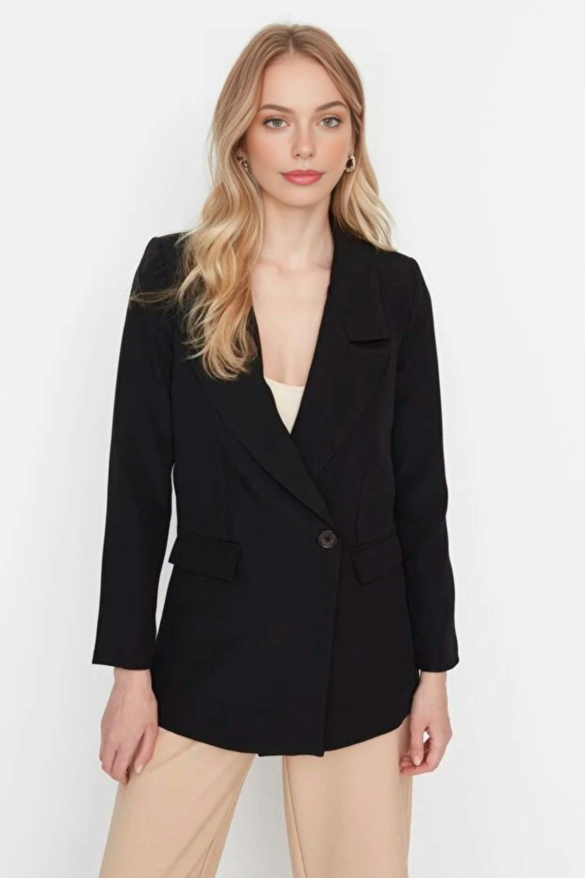 Wovcor Black Lined Double-Breasted Woven Blazer Jacket - 12