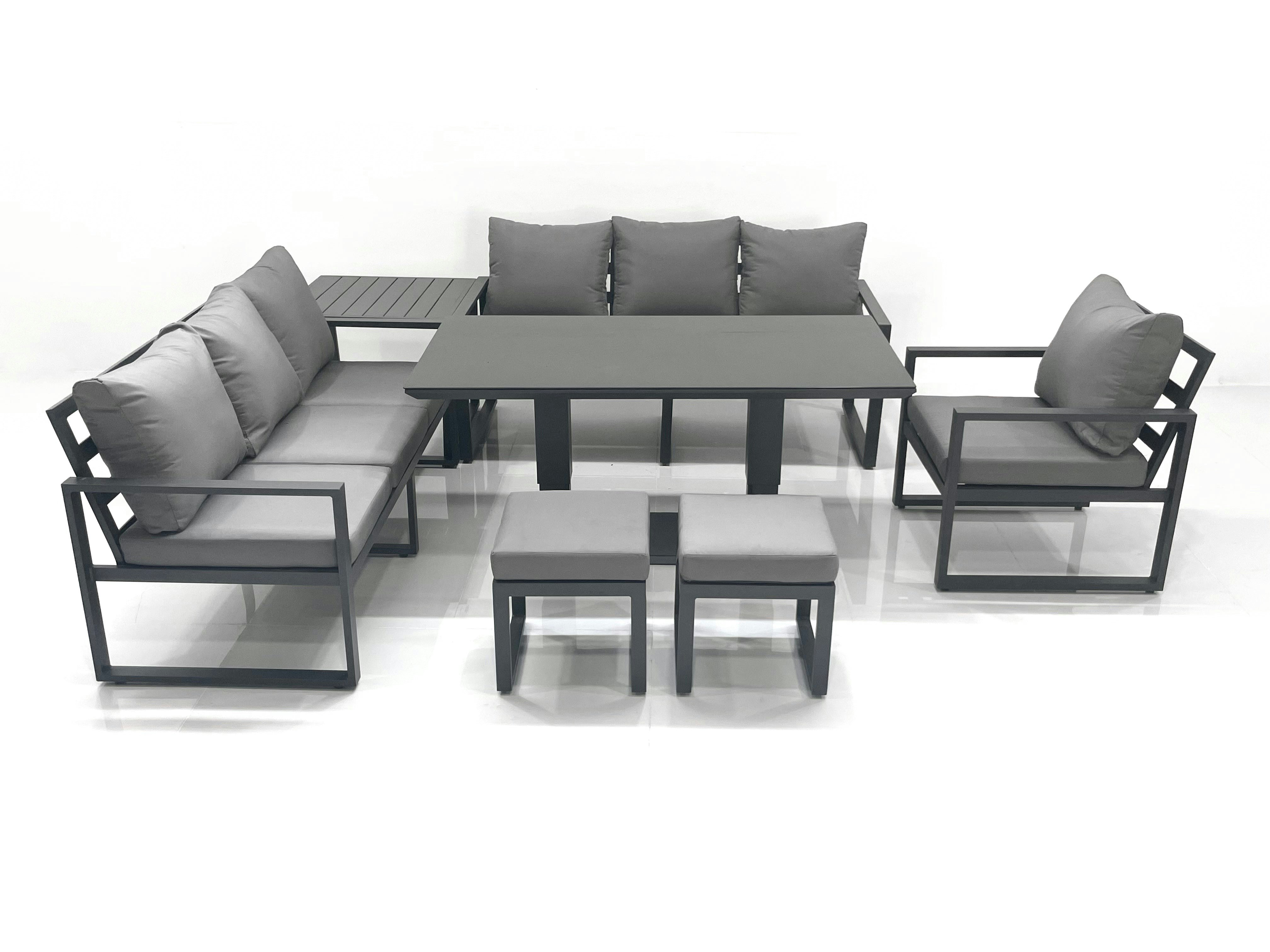 Rackhams Dark/Grey Outdoor Garden Furniture Set Aluminium Lounge Sofa Adjustable Rising Lifting Dining Table Sets With 2 Small Footstools Side Table