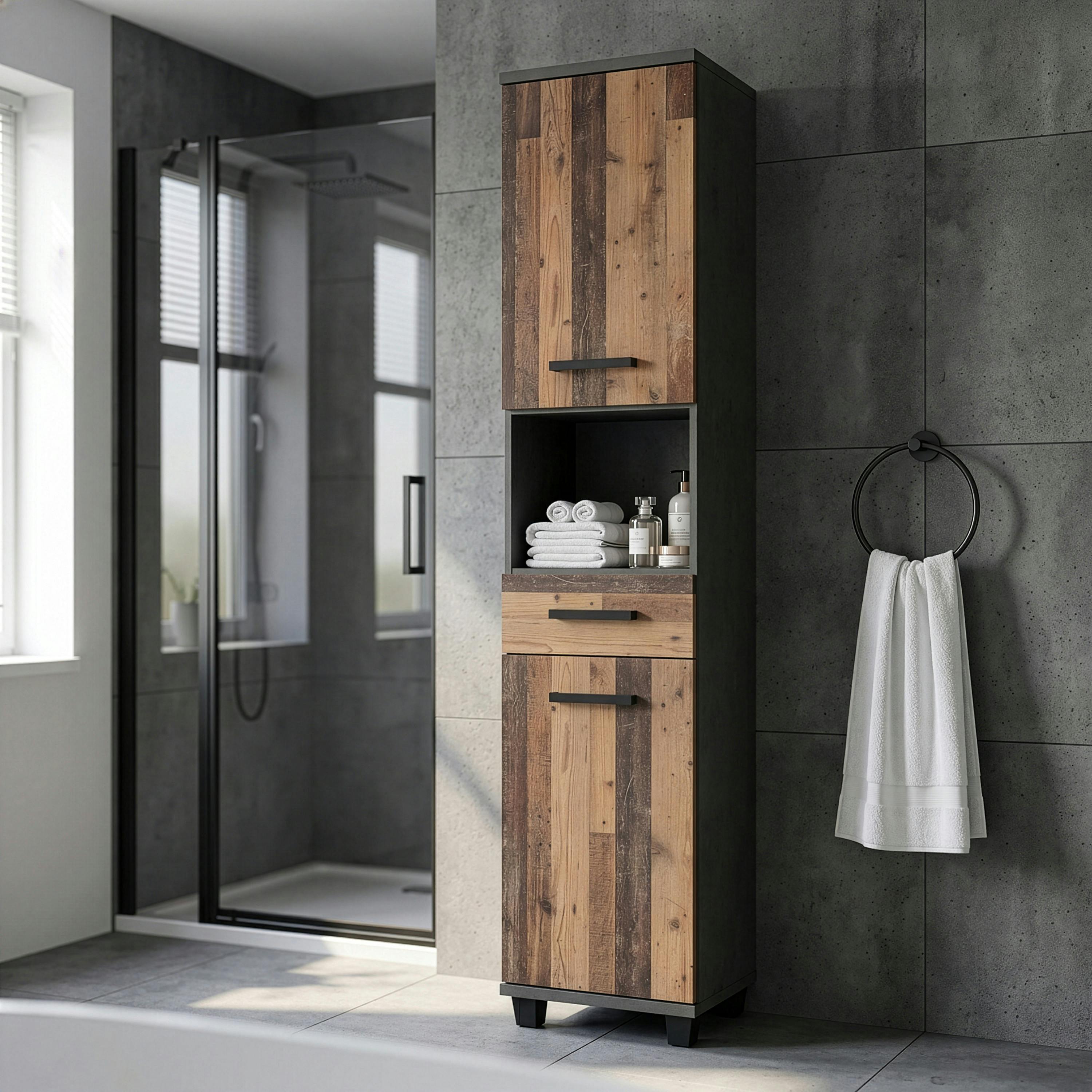 Rackhams Dark/Grey Veris Tall Narrow Bathroom Cupboard With 2 Doors & 1 Drawer In Walnut And - H 186.82 X W 40.2 X D 34.8Cm - Walnut & - 1