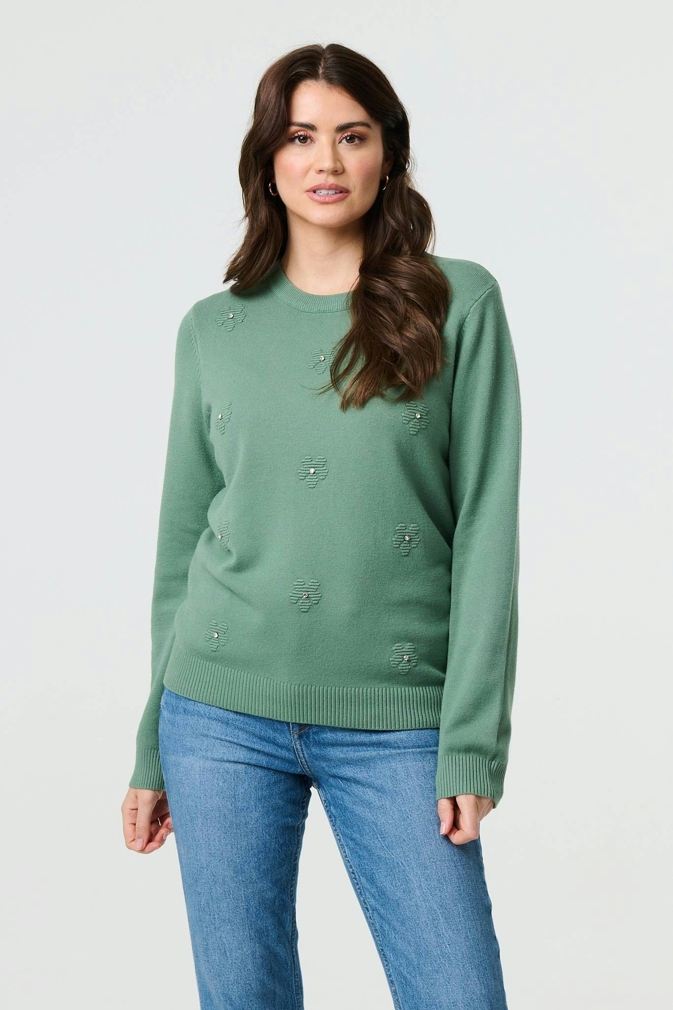 Izabel London Floral Gemstone Embellished Jumper - Sage - 12