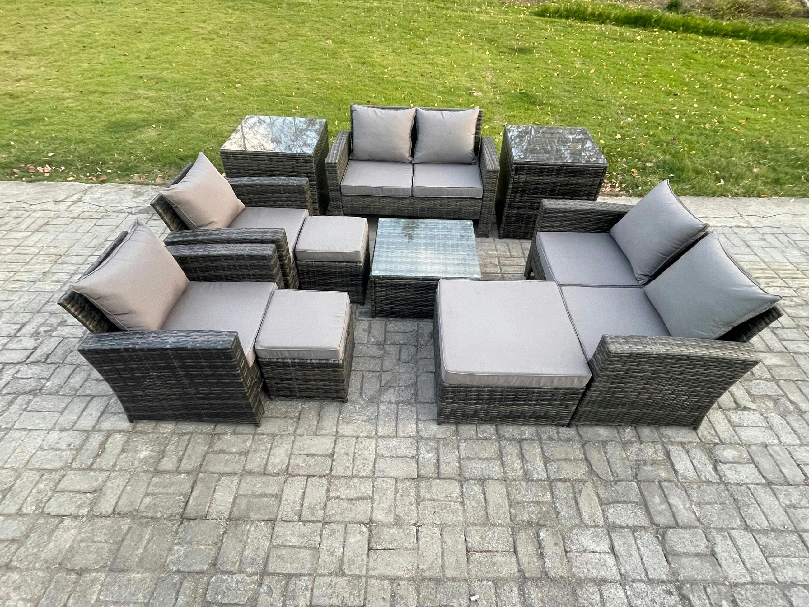 Rackhams Dark/Grey 10 Pieces Wicker Rattan Set, Garden, Manual Patio Sofa Conversation, 3 Footstools And 2 Side Tables, Mixed