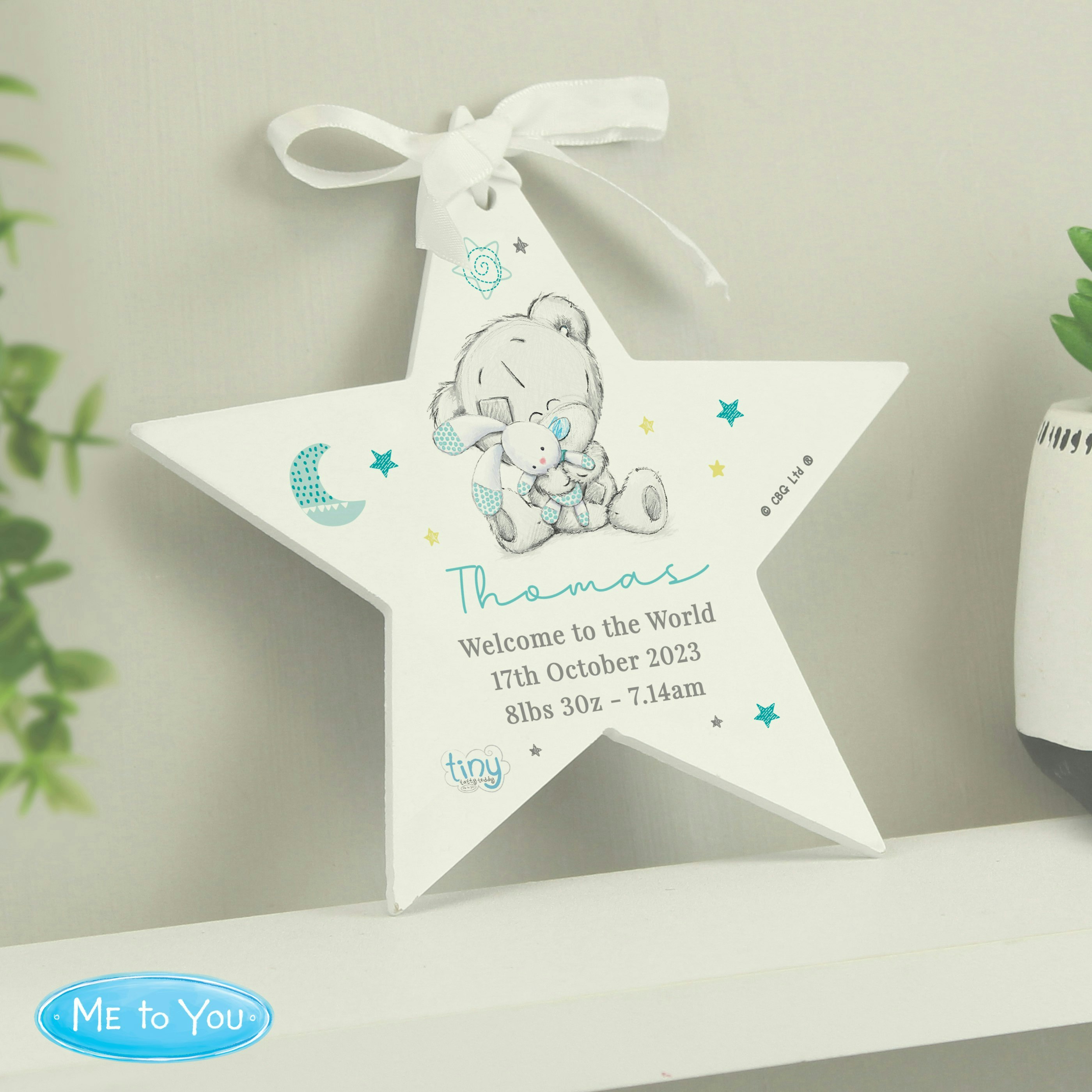 Rackhams Blue Personalised Tiny Tatty Teddy Wooden Star Decoration