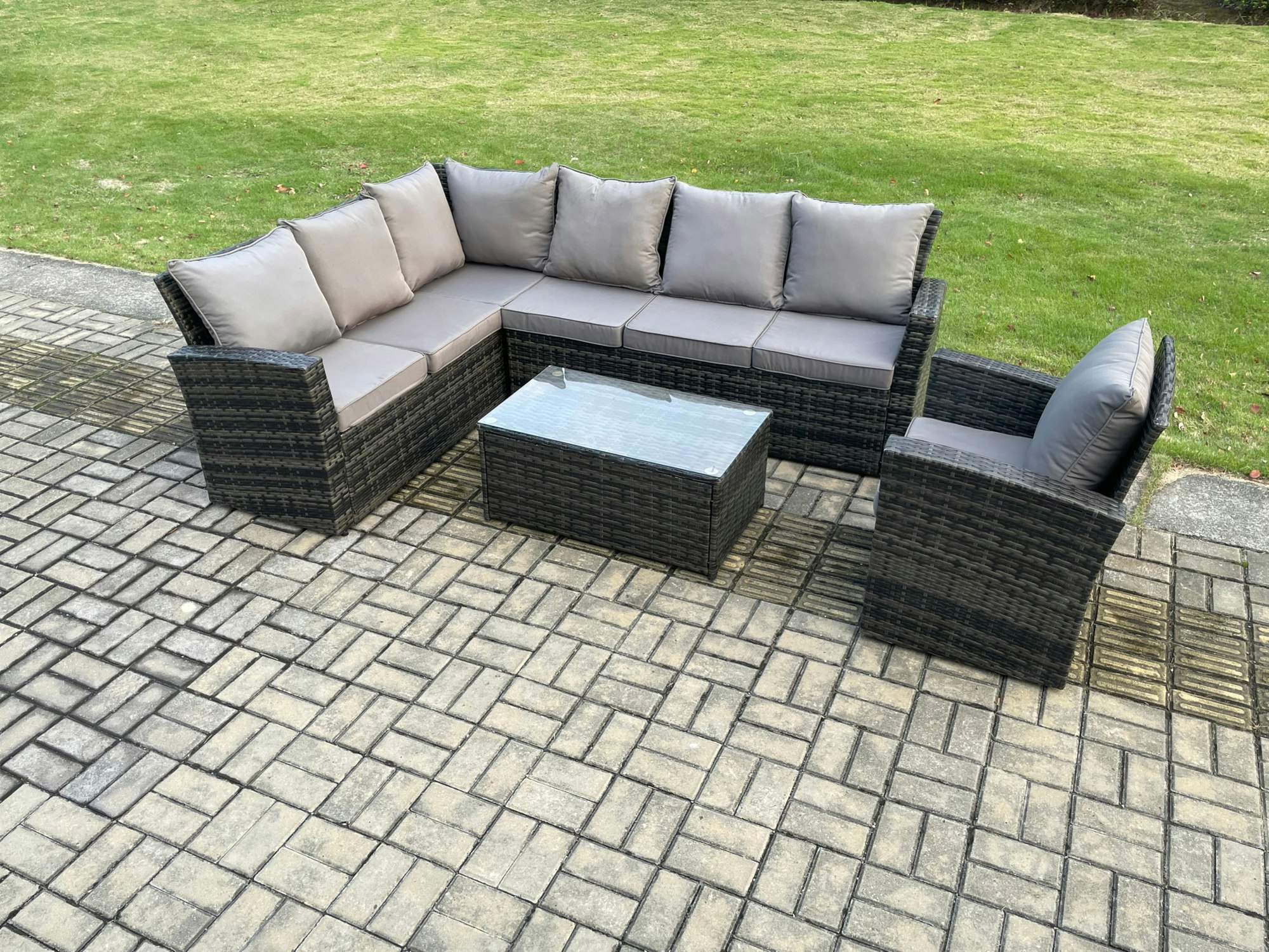 Rackhams Dark/Grey 7 Seater Rattan Garden Furniture Corner Sofa Set Outdoor Patio Sofa Chair Table Set With Rectangular Coffee Table Mixed