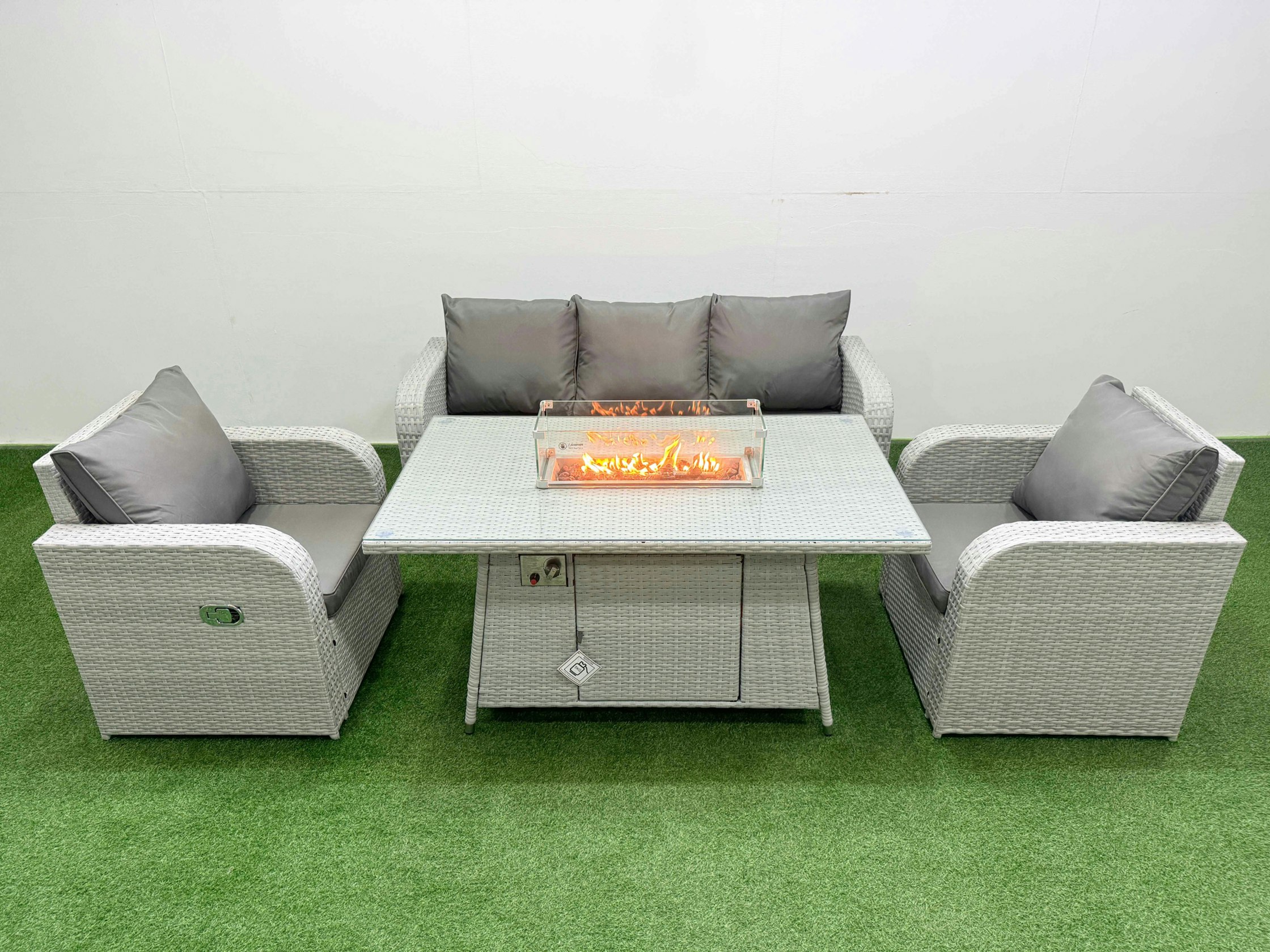 Rackhams Light/Grey Pe Rattan Garden Furniture Set Reclining Chair Sofa Lounge Sofa Set Fire Pit Dining Table