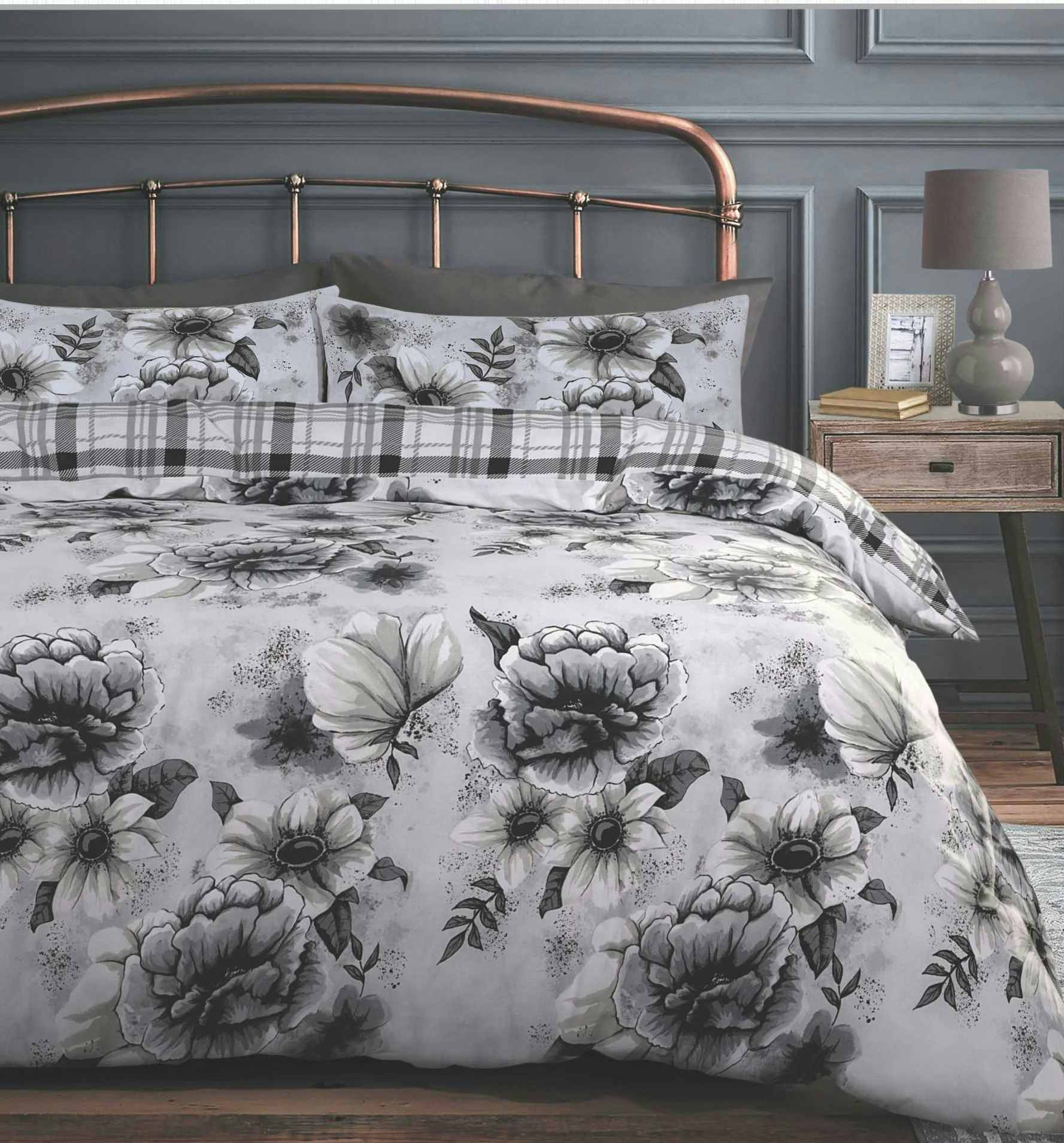 Velosso Grey Cassia Floral Reversible Printed Cotton Blend Duvet Cover And Pillowcase Set - Super King