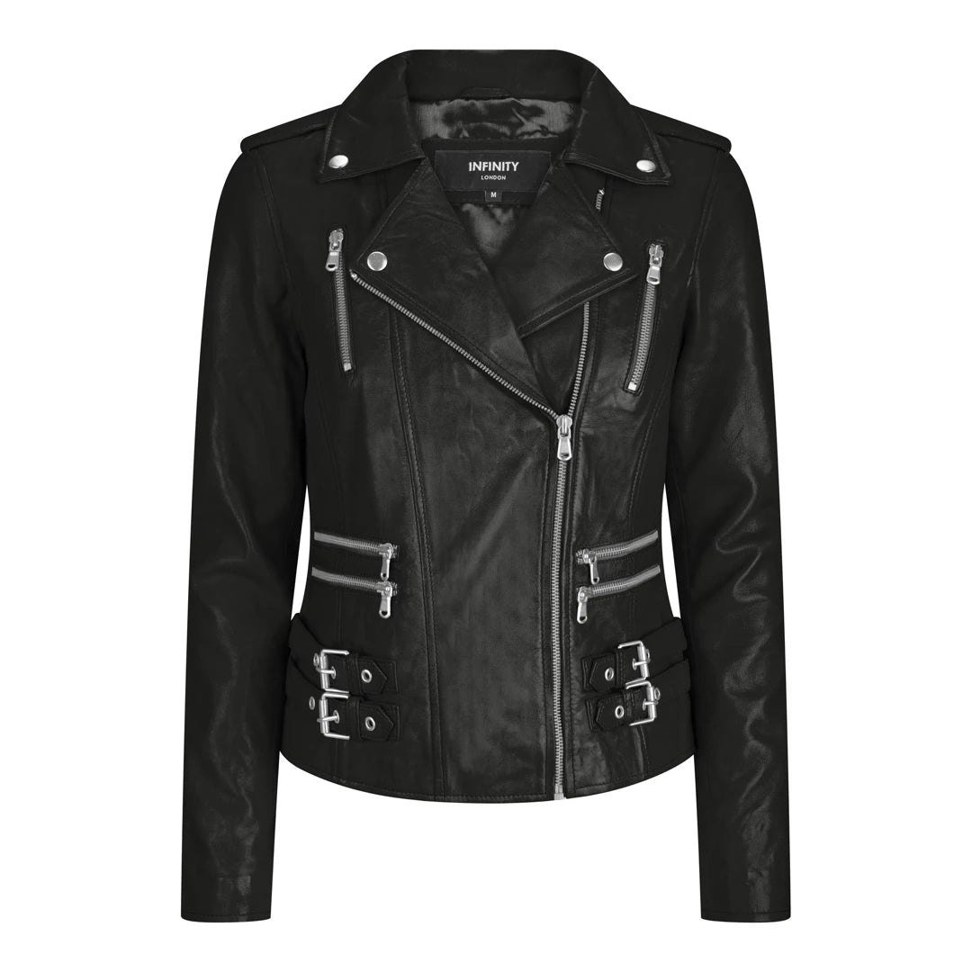 Infinity Leather Women's Black Leather Company Leather Short Biker Jacket - Uk 12