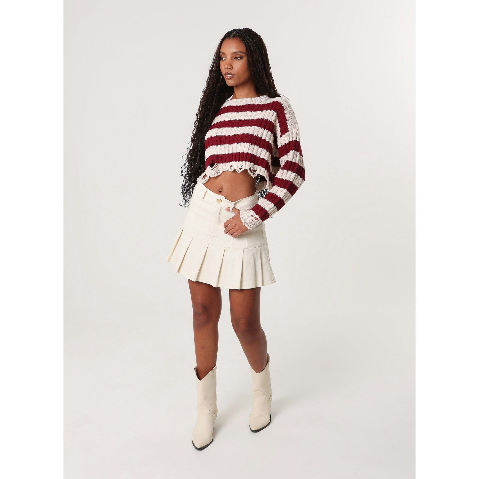 Pink Vanilla Distressed Striped Crop Knit Jumper - M-L - Stone