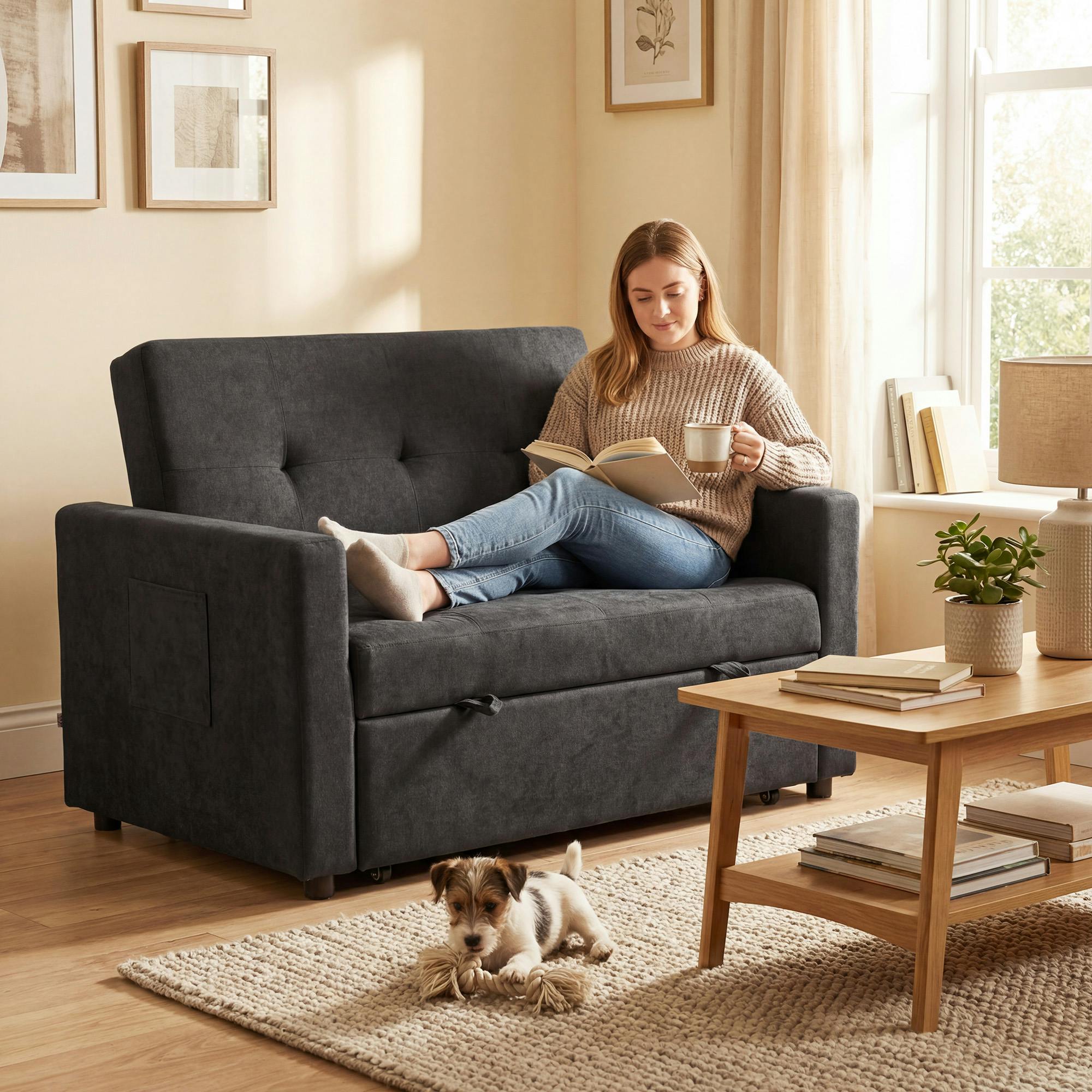 Rackhams Black 2 Seater Sofa Bed Convertible Bed Settee With Pillows, - 1 - Loveseat
