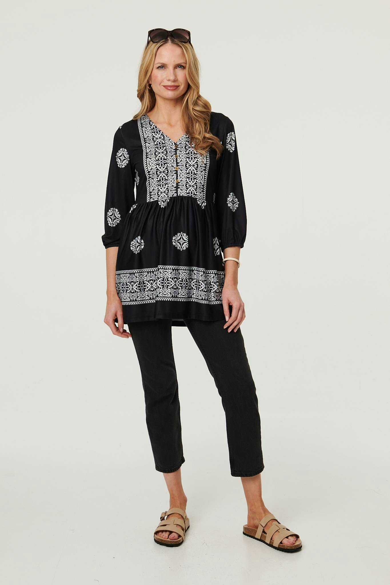 Izabel London Black Embroidered 3/4 Sleeve Shirred Blouse - 14