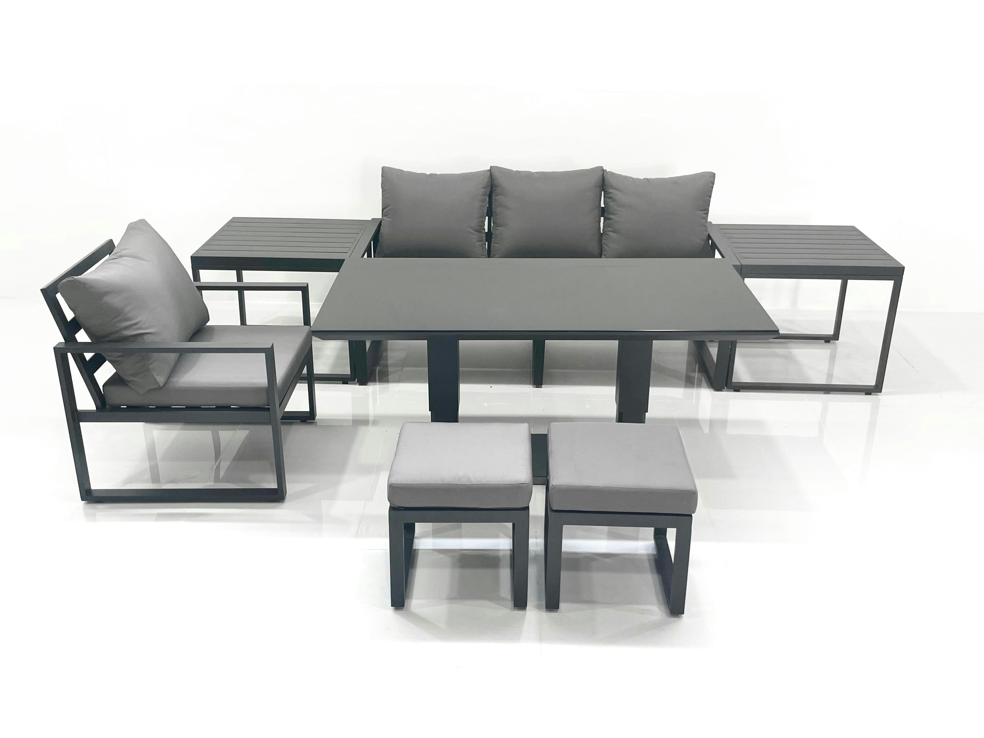 Rackhams Dark/Grey 6 Seater Garden Sofa Set Aluminium Furniture Rising Dining Tabe Set With Chair 2 Side Table 2 Small Footstools