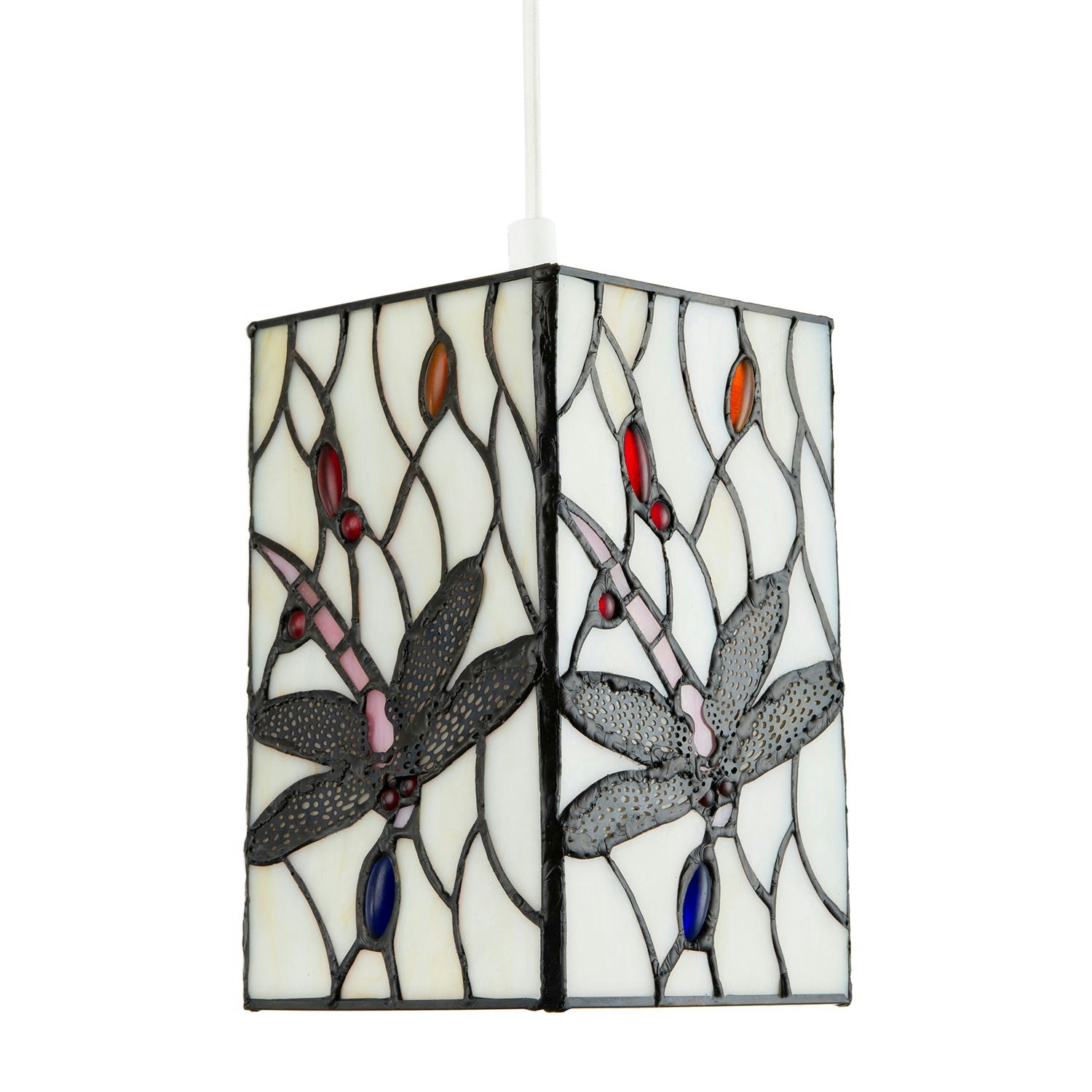 Rackhams White/Light Stained Glass Dragonfly Rectangular Tiffany Pendant Shade