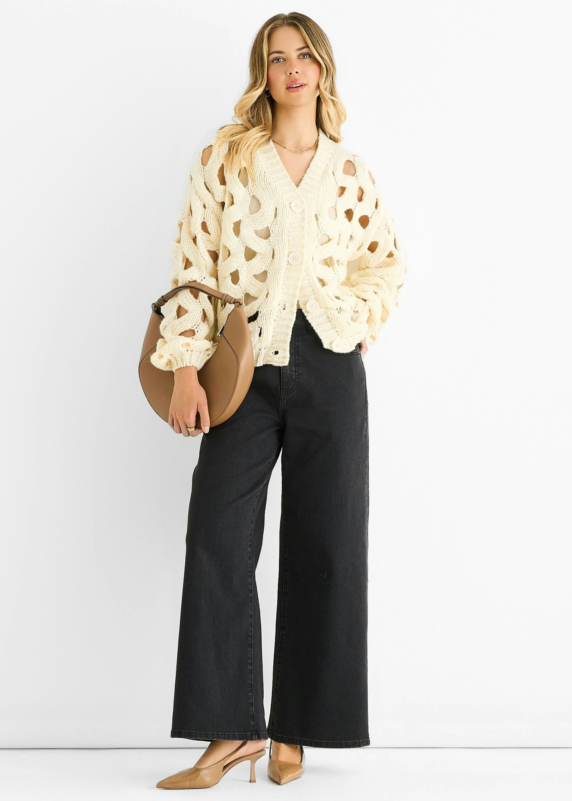 Gini London Cream Hollow Chunky Knit Cardigan - Image 3