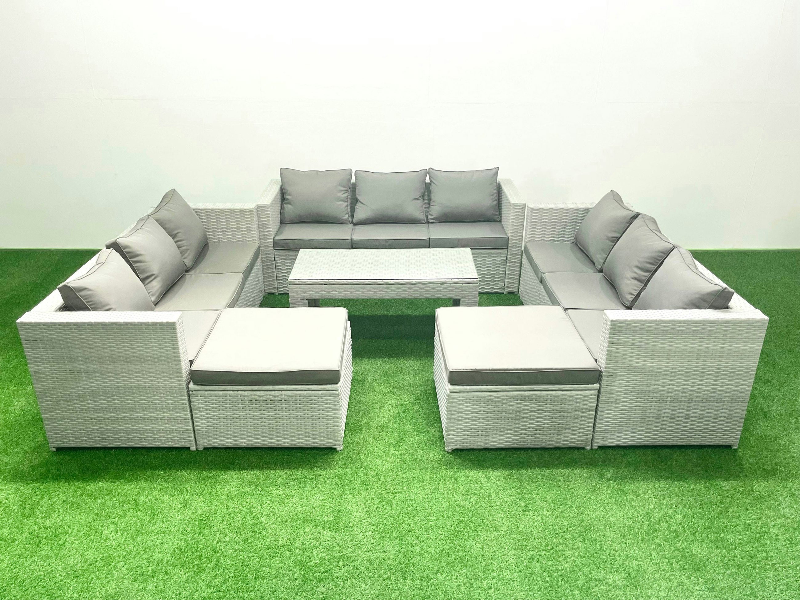 Fimous Light/Grey Rattan Garden Outdoor Furniture Set 11 Seater Garden Sofa Oblong Coffee Table Set With 2 Big Footstools Mixed