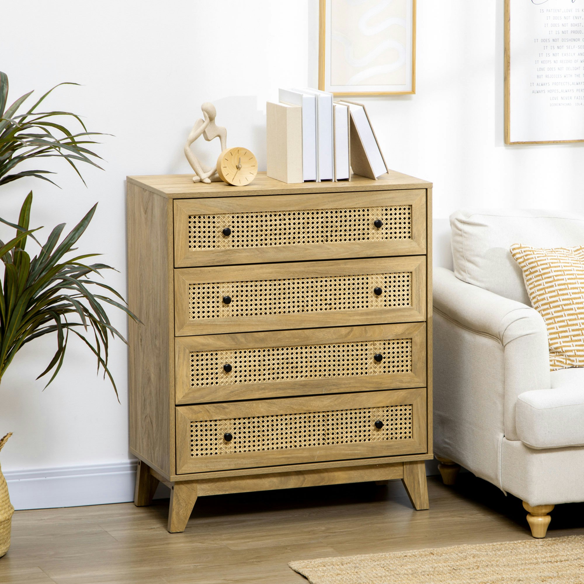 Rackhams Chest Of Drawers, 4 Drawer Unit Storage Organiser With Rattan Element - Natural Wood Finish - 4