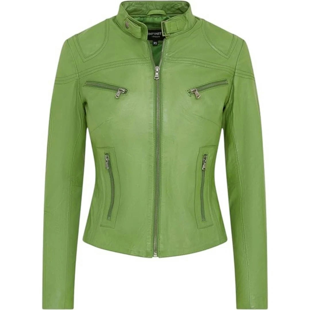 Infinity Leather Women's Green Leather Company Real Leather Classic Racer Style Biker Jacket - Uk 22