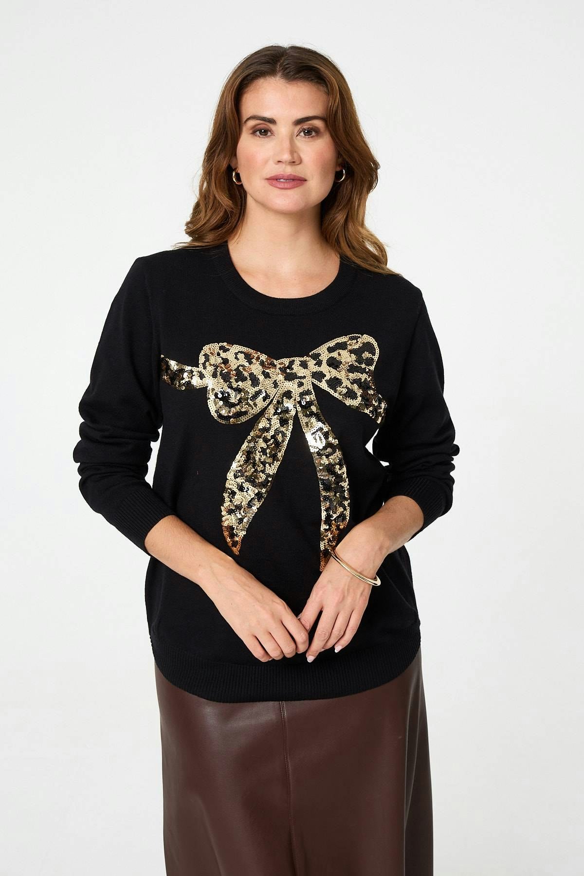 Izabel London Black Sparkly Bow Detail Long Sleeve Jumper - 14