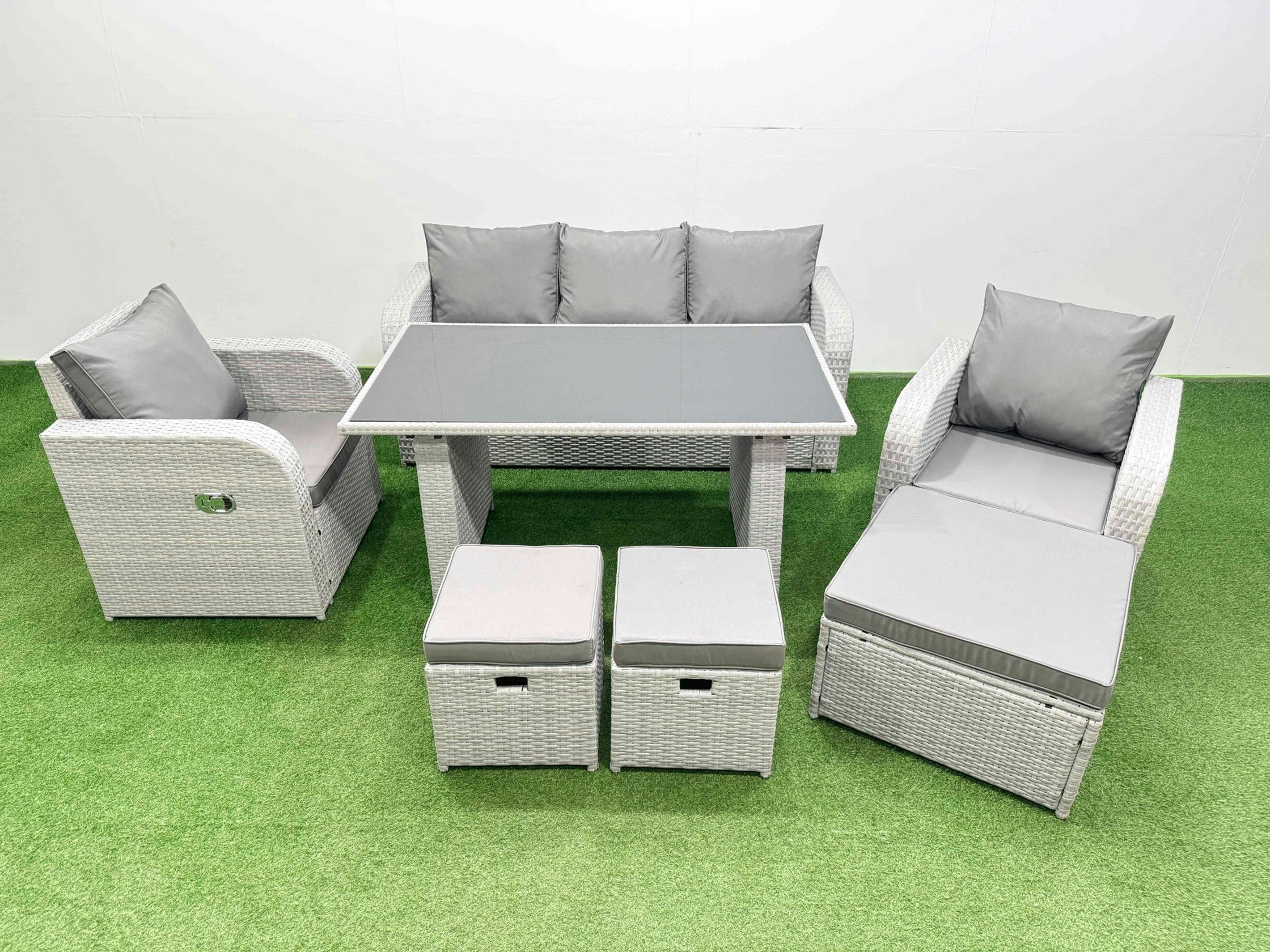 Rackhams Outdoor Rattan Garden Furniture Dining Set 8 Seater Patio Rectangular Table 3 Seater Sofa Reclining Chair Set With 3 Stools